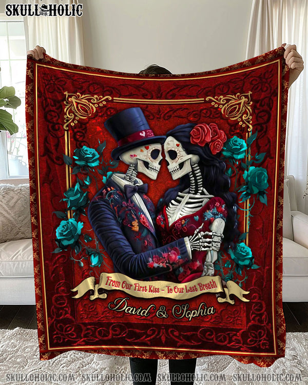 PERSONALIZED FROM OUR FIRST KISS SKULL COUPLE FLEECE BLANKET - YHDU1102254