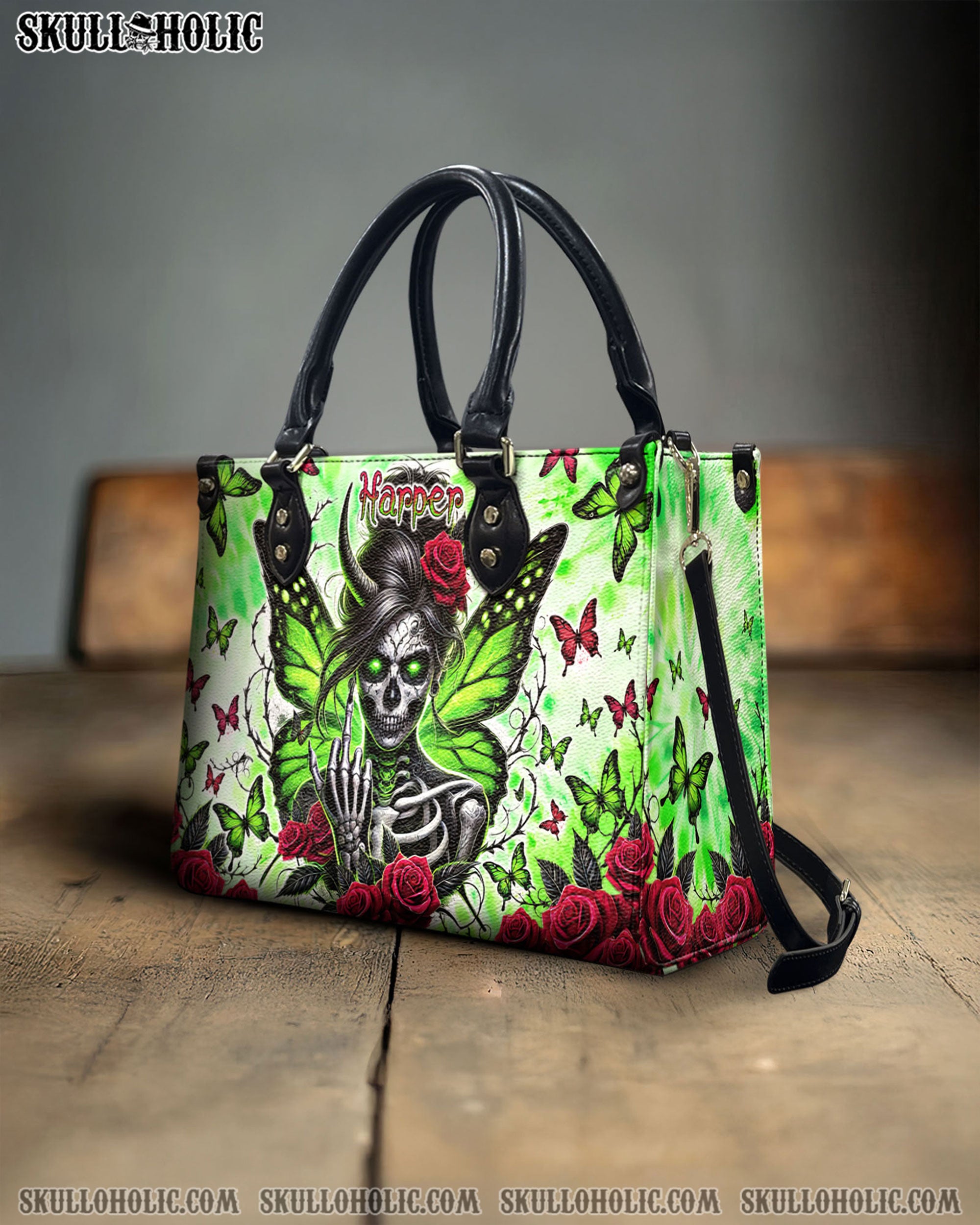 PERSONALIZED SKULL MESSY BUN WITH BUTTERFLY LEATHER HANDBAG  - TLTW0503251