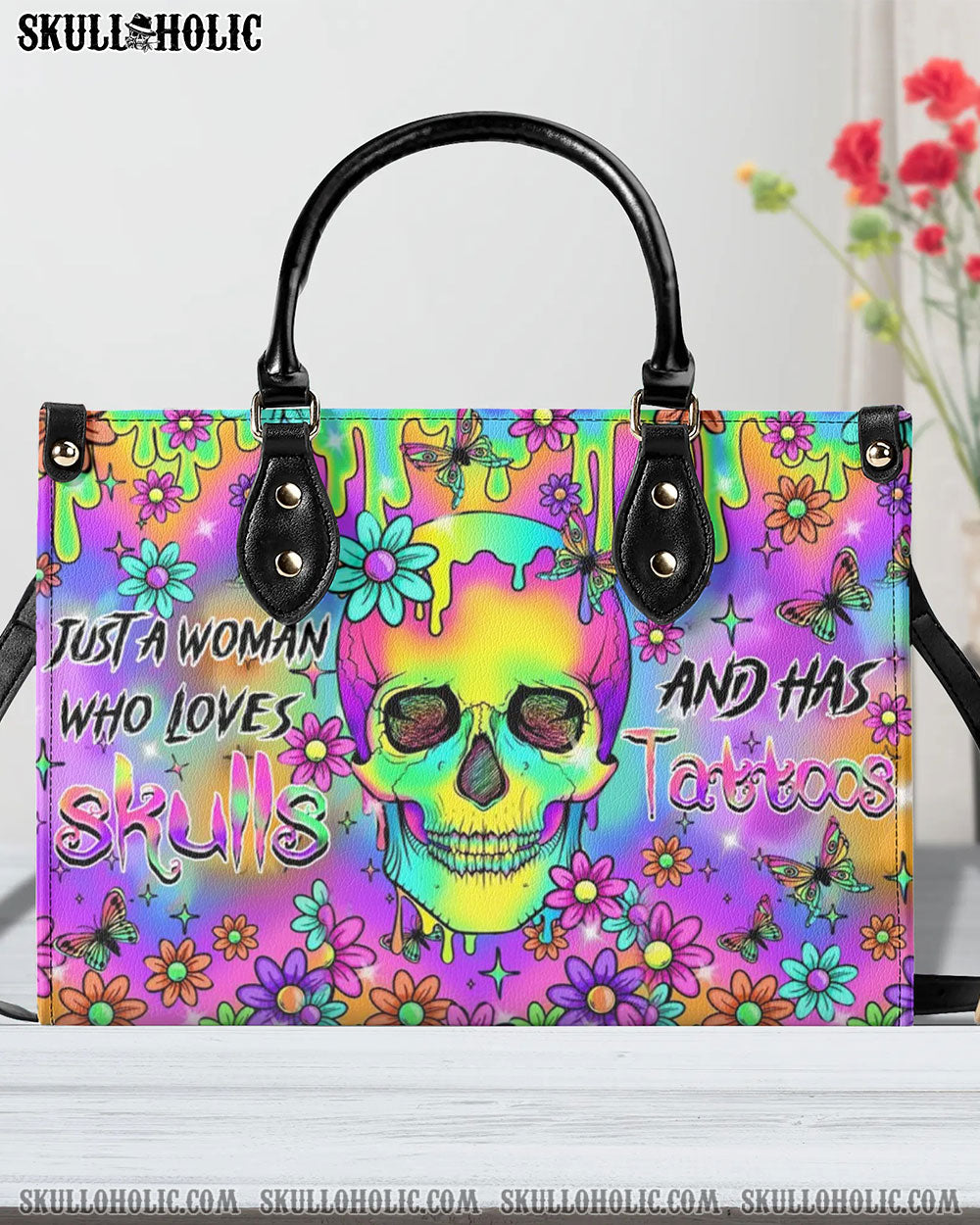 JUST A WOMAN WHO LOVES SKULLS AND HAS TATTOOS LEATHER HANDBAG - YHHN2806243