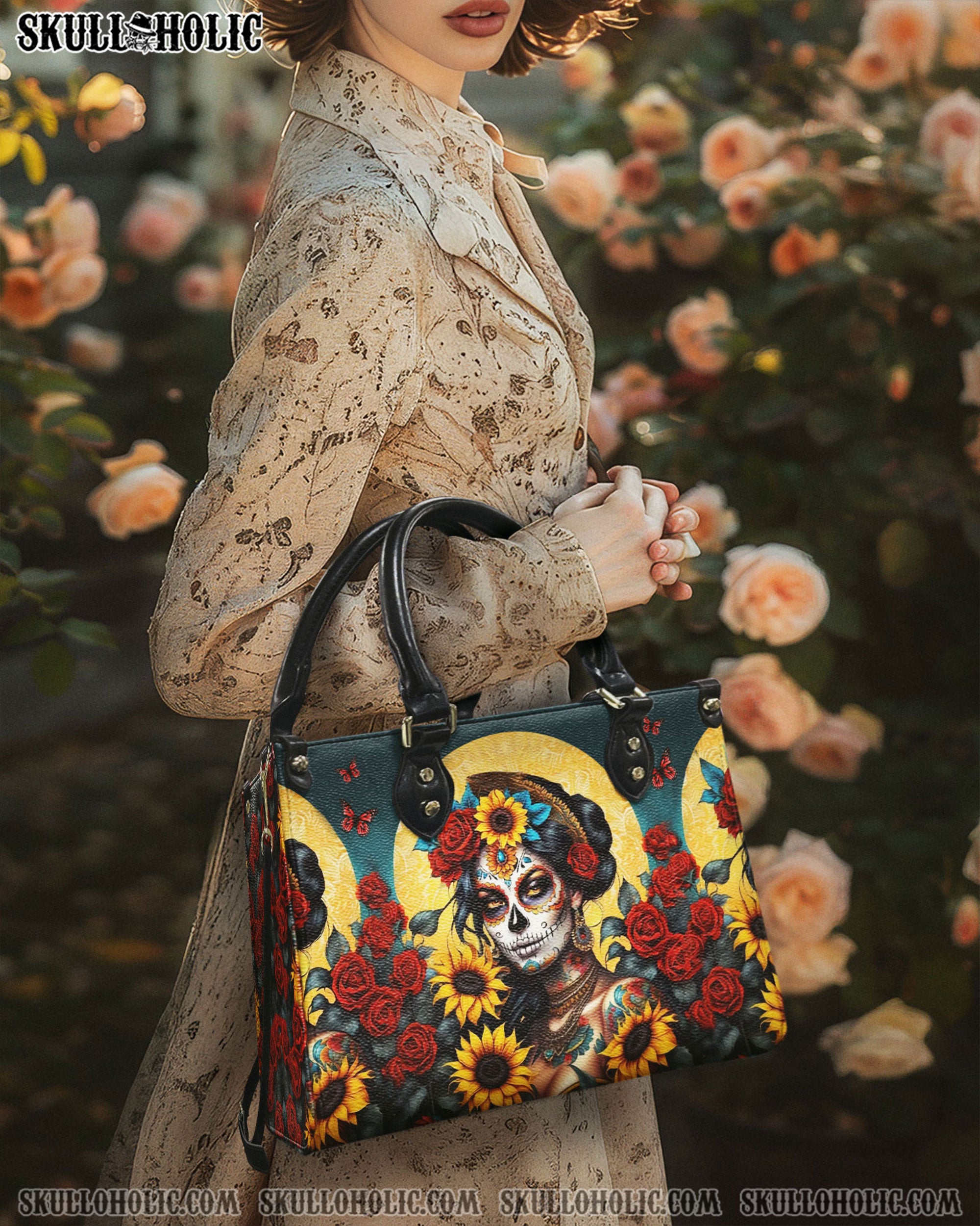 SKULL LADY SUNFLOWER ROSE LEATHER HANBDAG - YHHG1803254