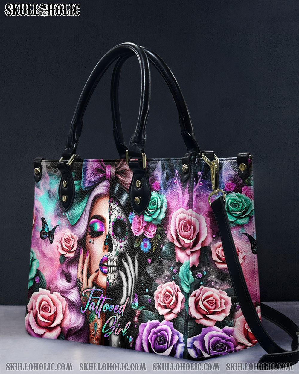 TATTOOED GIRL SKULL LADY LEATHER HANDBAG - YHKD3105241