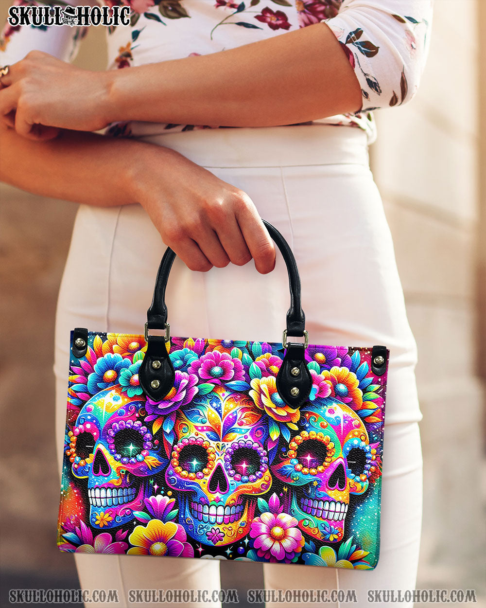 SEAMLESS RAINBOW SUGAR SKULL LEATHER HANDBAG - YHHG1106241