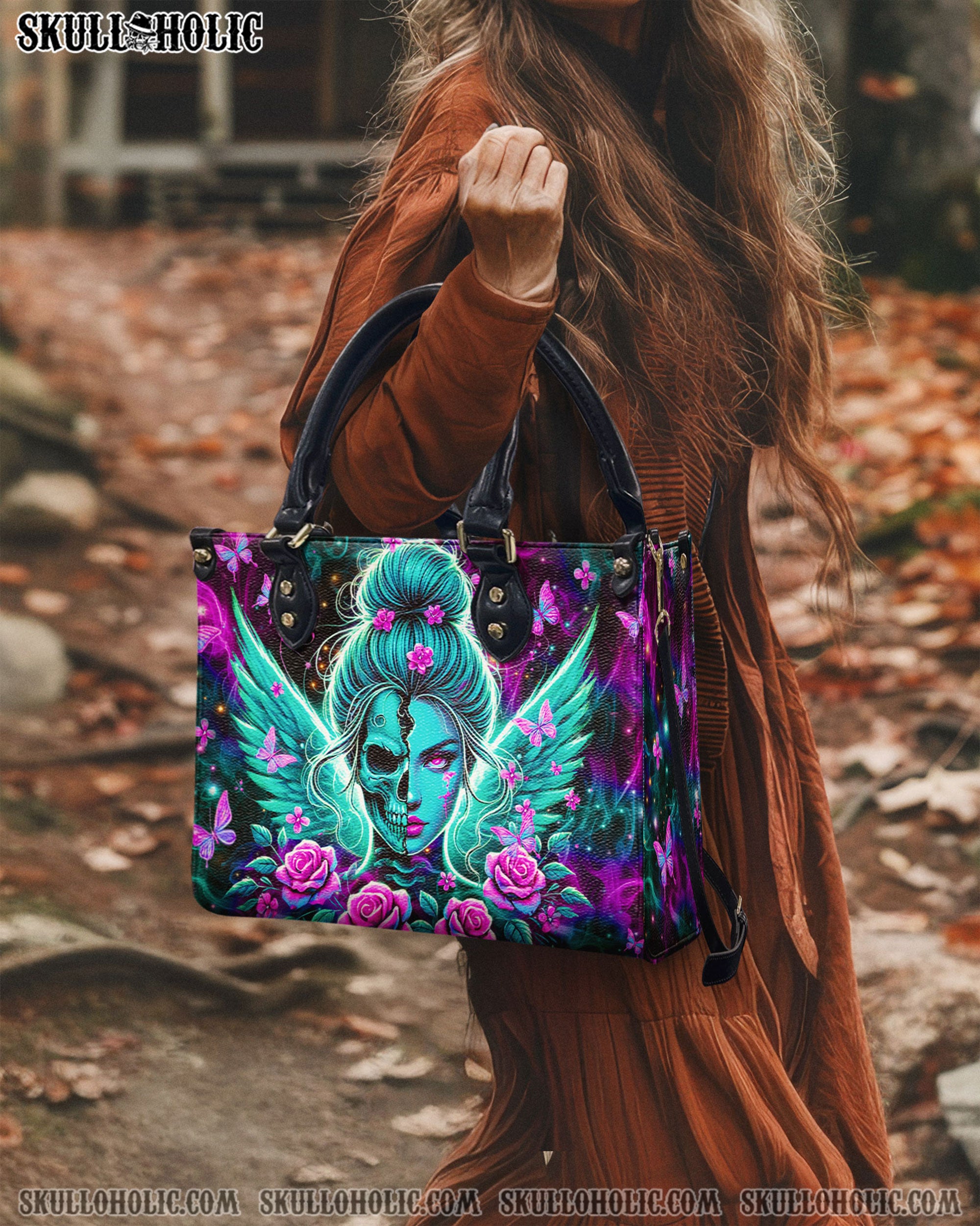 SKULL WINGS WITH ROSES LEATHER HANDBAG - YHHN0403254