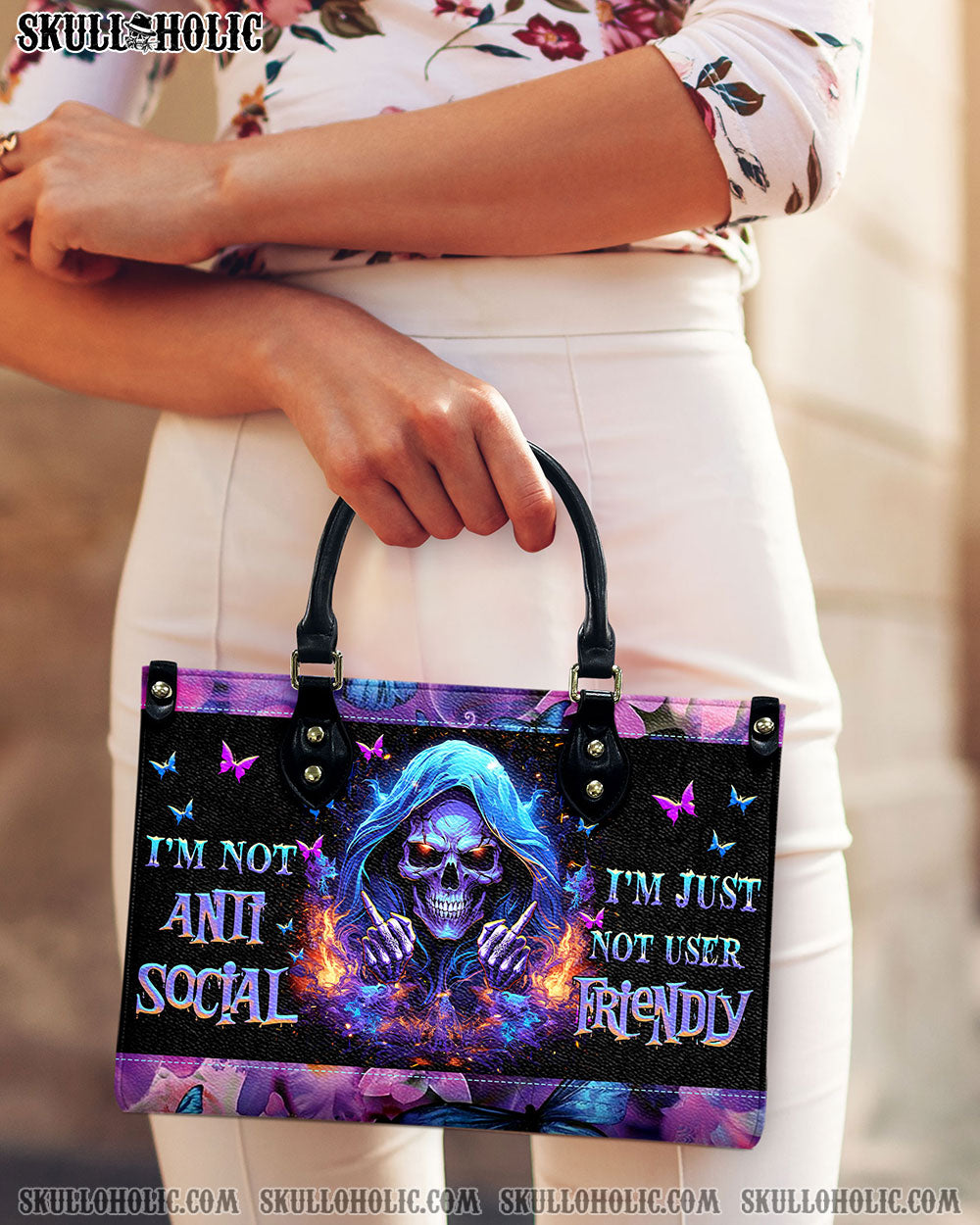 I'M NOT ANTI-SOCIAL MAD REAPER SKULL LEATHER HANDBAG - TLNZ0406244