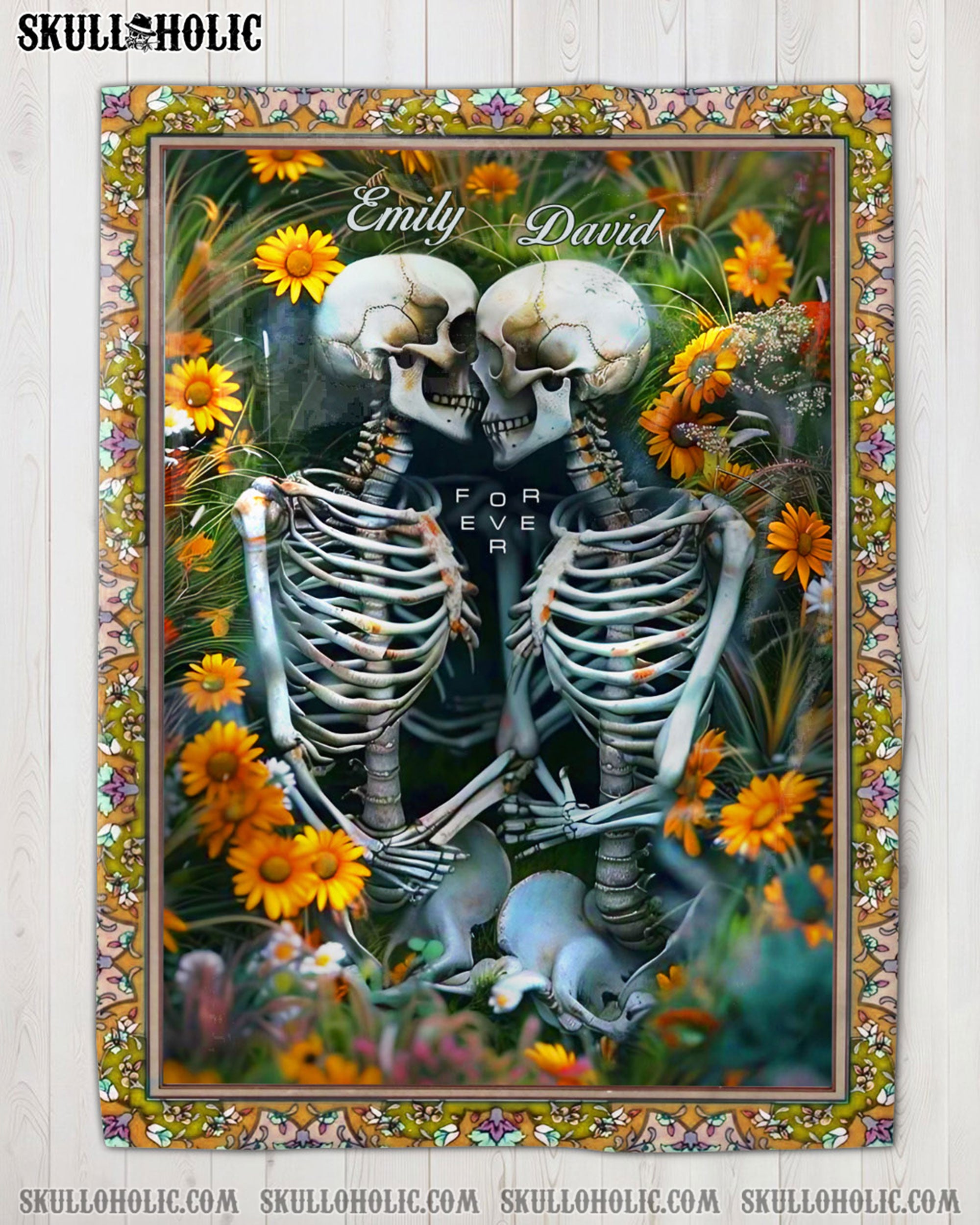 PERSONALIZED SKULL COUPLE FLOWERS FLEECE BLANKET - YHHN0402254