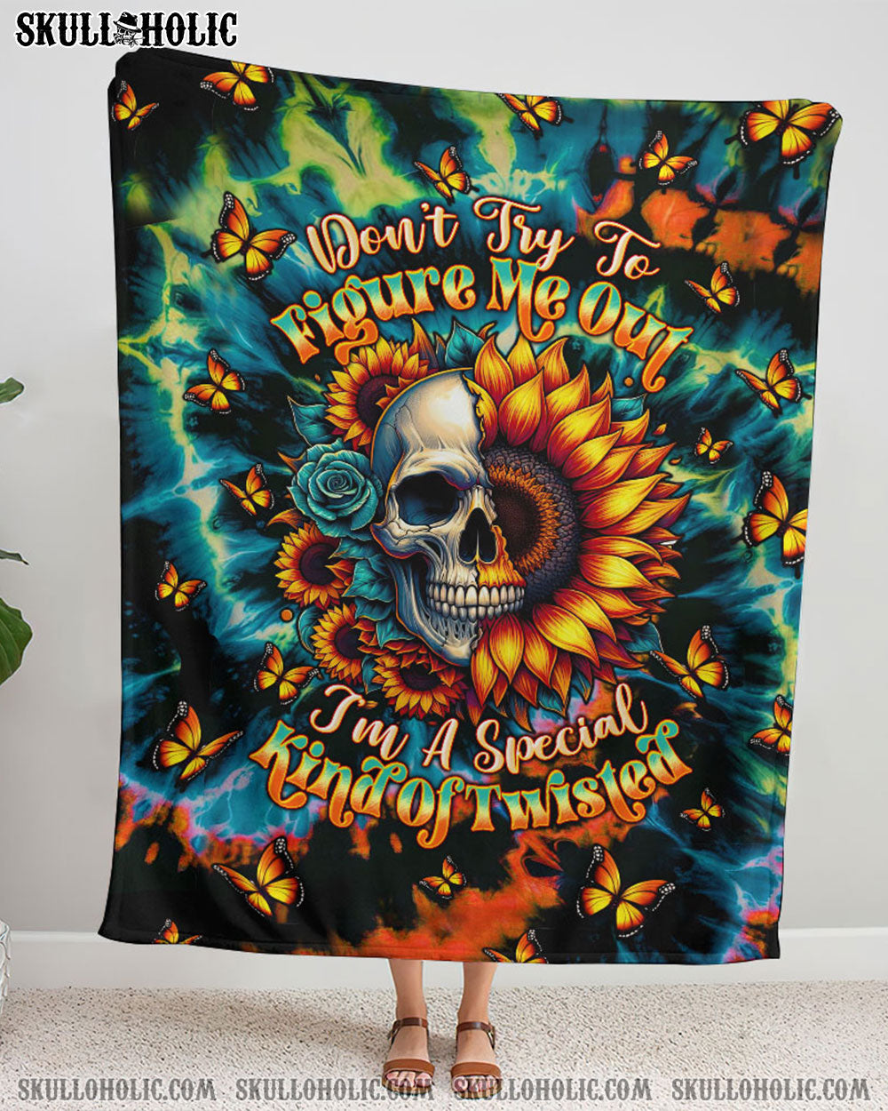 DON'T TRY TO FIGURE ME OUT SKULL SUNFLOWER WOVEN AND FLEECE BLANKET    - TLTW0911246