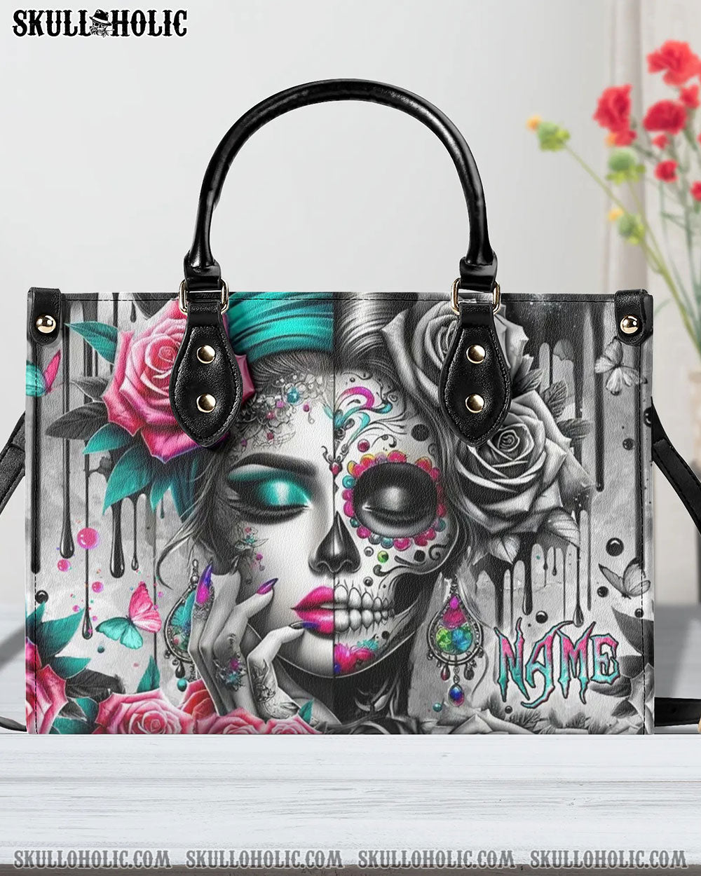 SKULL LADY ROSES LEATHER HANDBAG - YHLN2606243