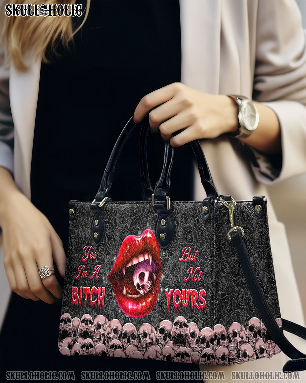 YES I'M A B BUT NOT YOURS SKULL LIPS LEATHER HANDBAG - YHHG3112244