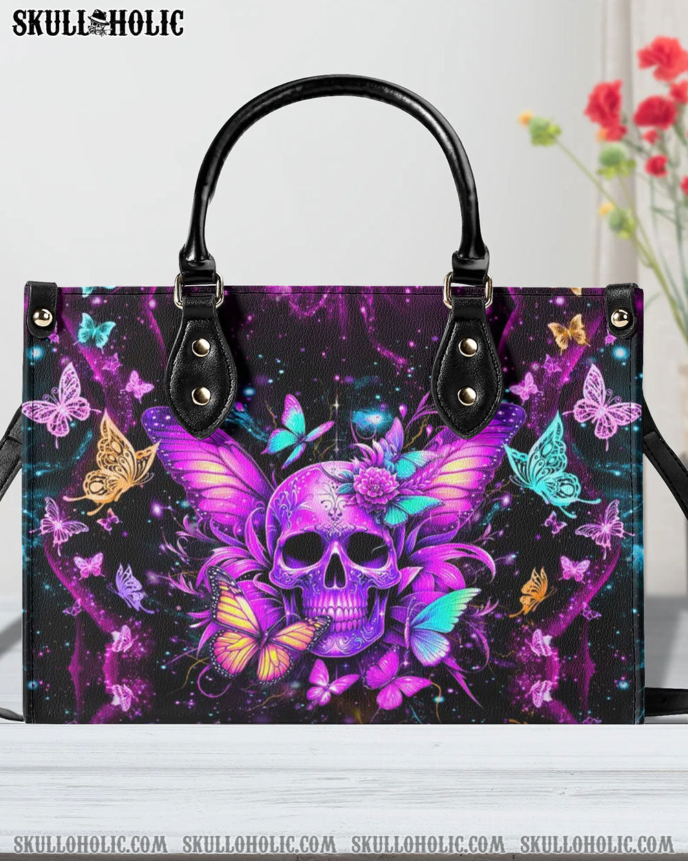 SKULL BUTTERFLIES LEATHER HANDBAG - YHDU0107244