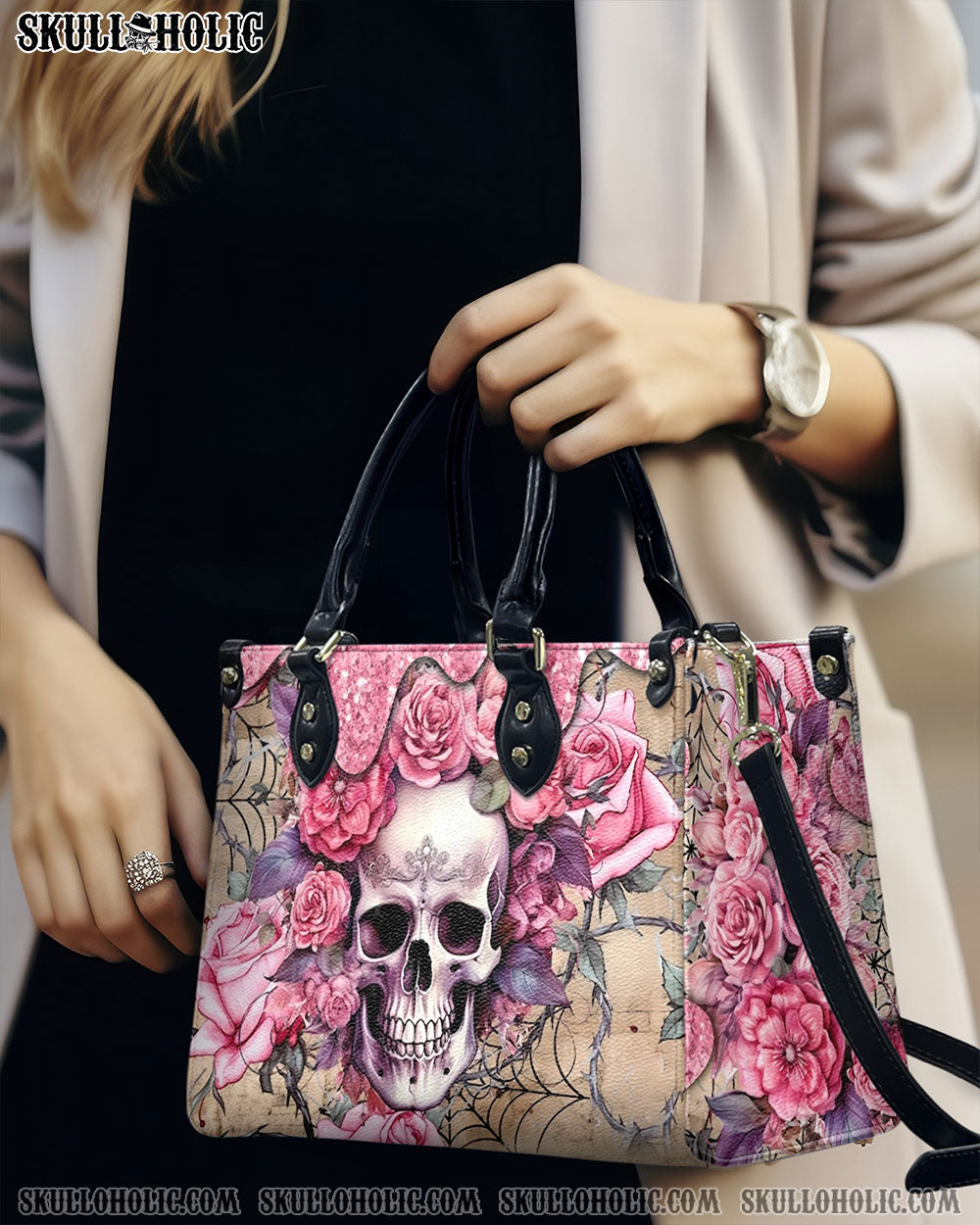 PINK ROSE SKULL LEATHER HANDBAG - YHHG1206244