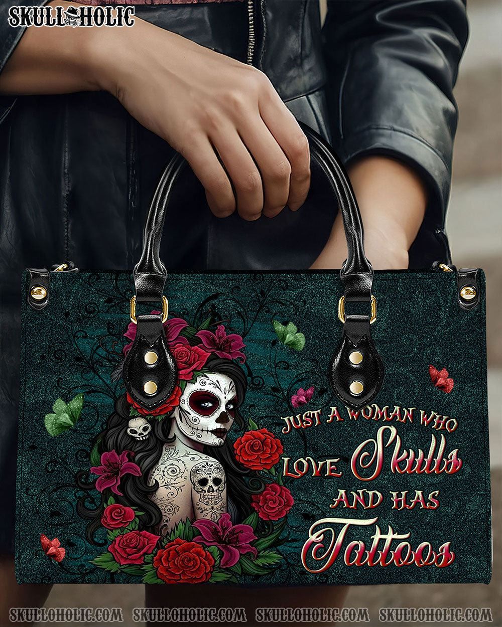 JUST A WOMAN WHO LOVES SKULL AND HAS TATTOOS LEATHER HANDBAG - YHLN0110245