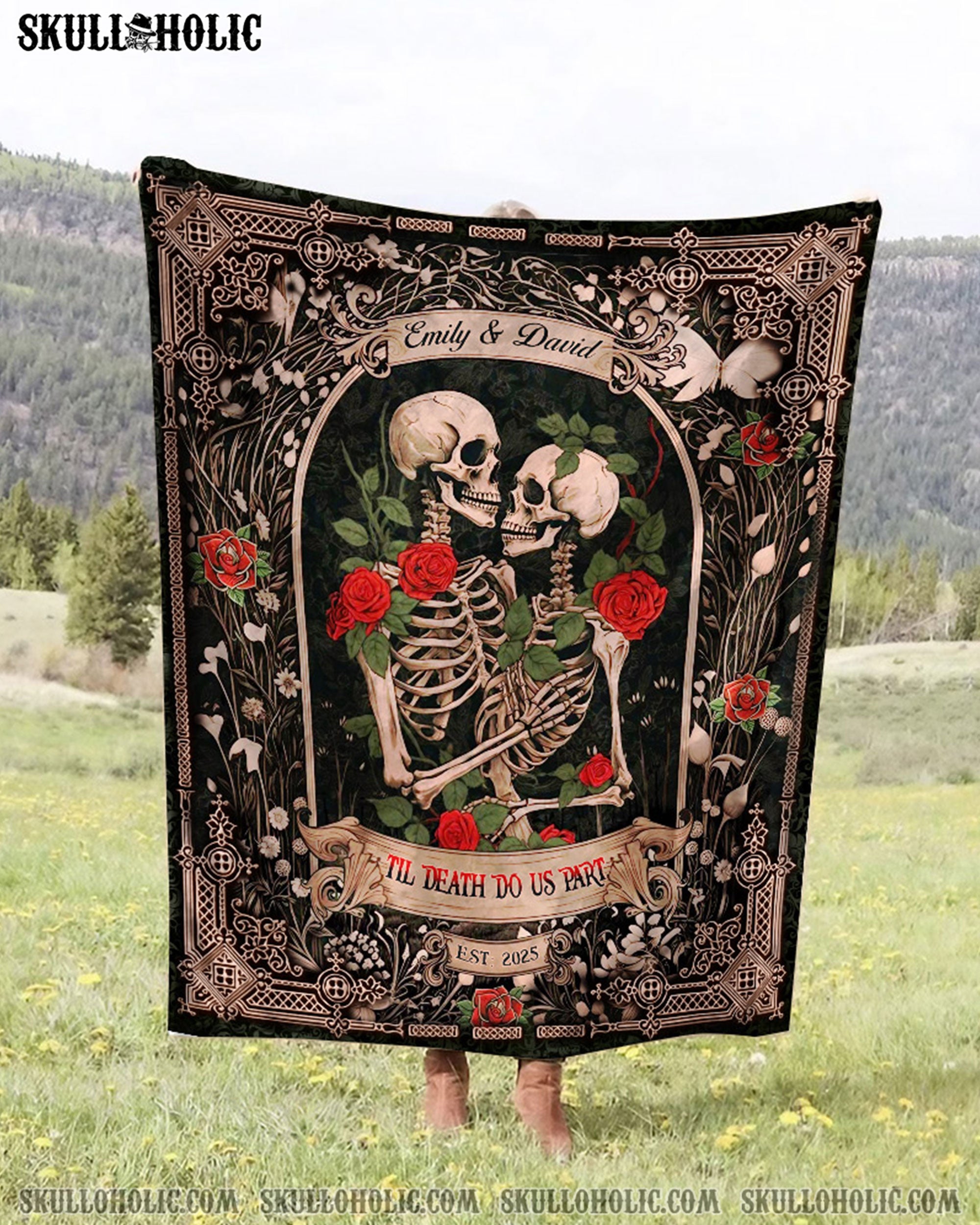 PERSONALIZED DARK ROMANTIC SKELETON COUPLE FLEECE BLANKET - YHHN0702254