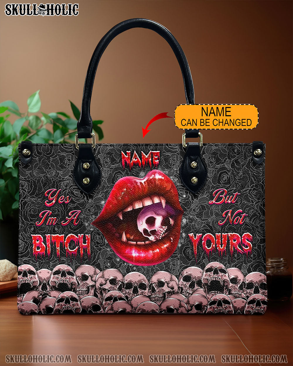 YES I'M A B BUT NOT YOURS SKULL LIPS LEATHER HANDBAG - YHHG3112244