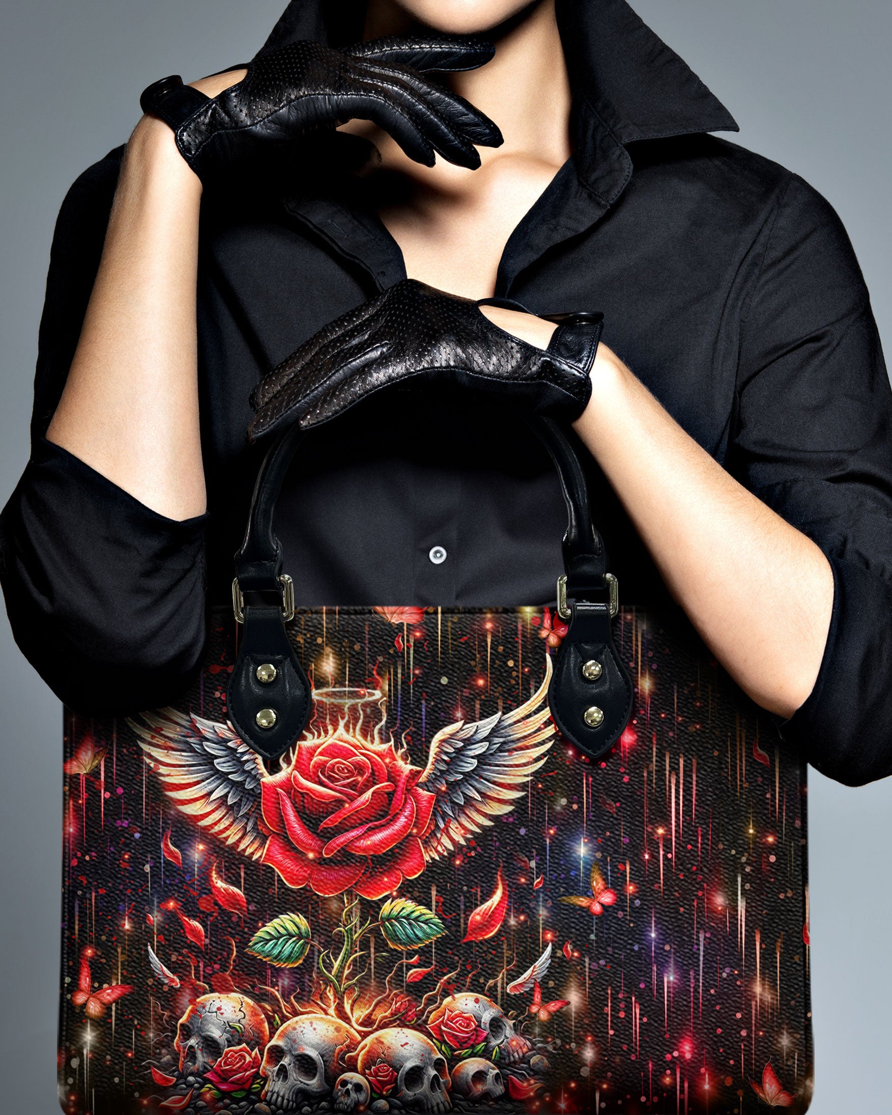 SKULL ROSE WINGS LEATHER HANDBAG - YHHN0611245