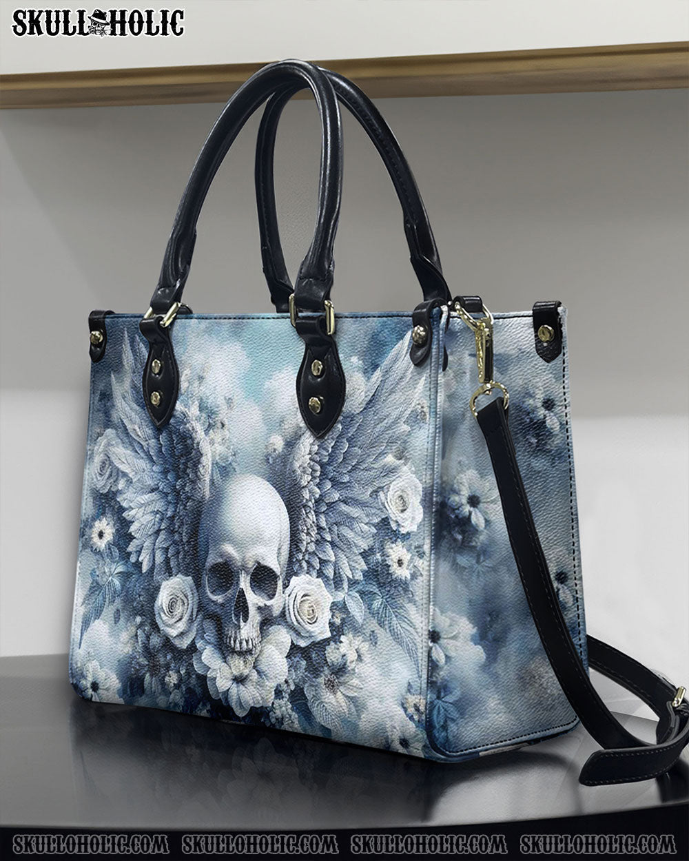 SKULL WITH WINGS AND ROSES LEATHER HANDBAG - YHHN2309244