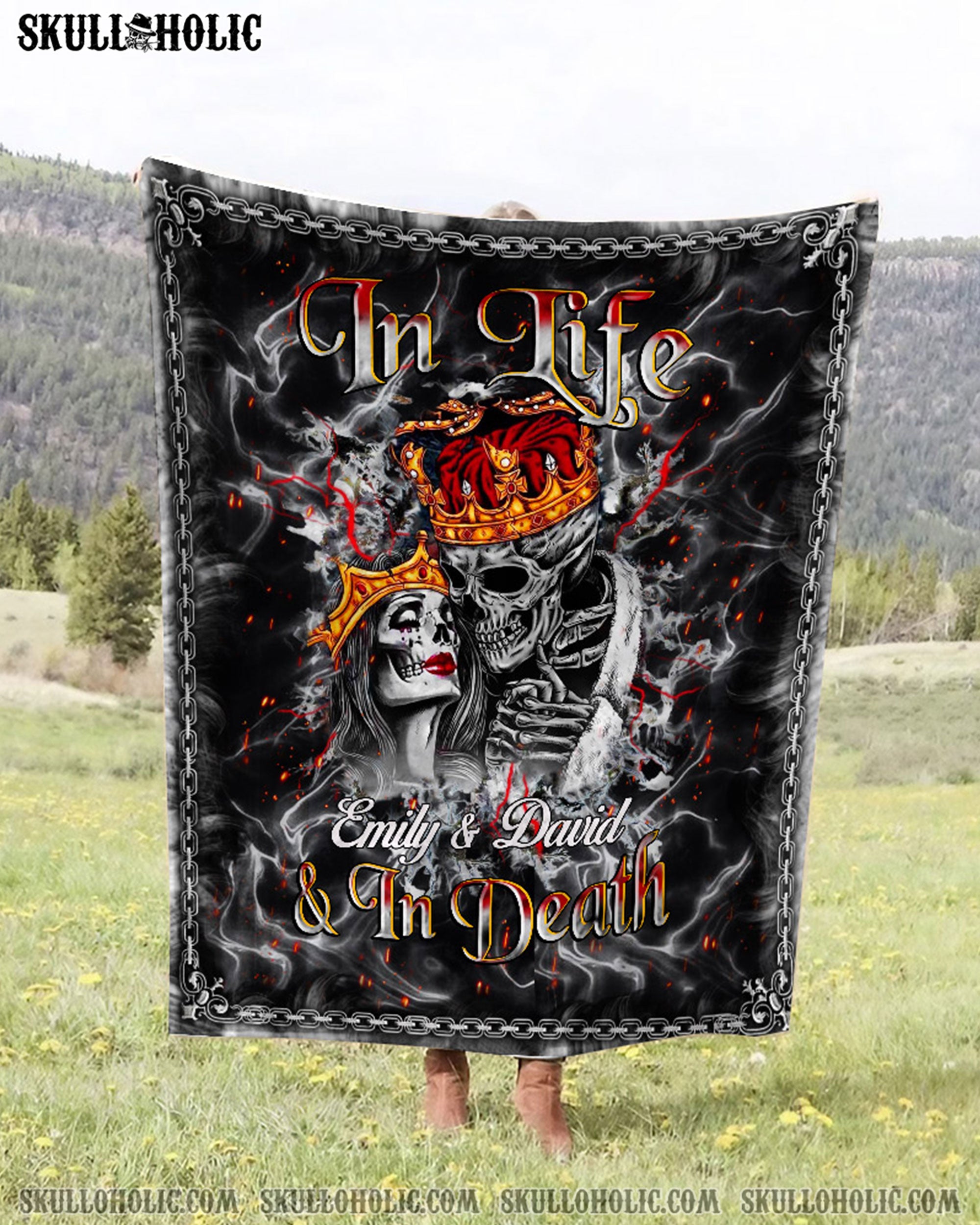 PERSONALIZED IN LIFE AND IN DEATH COUPLE SKULL FLEECE BLANKET - YHHN1102254