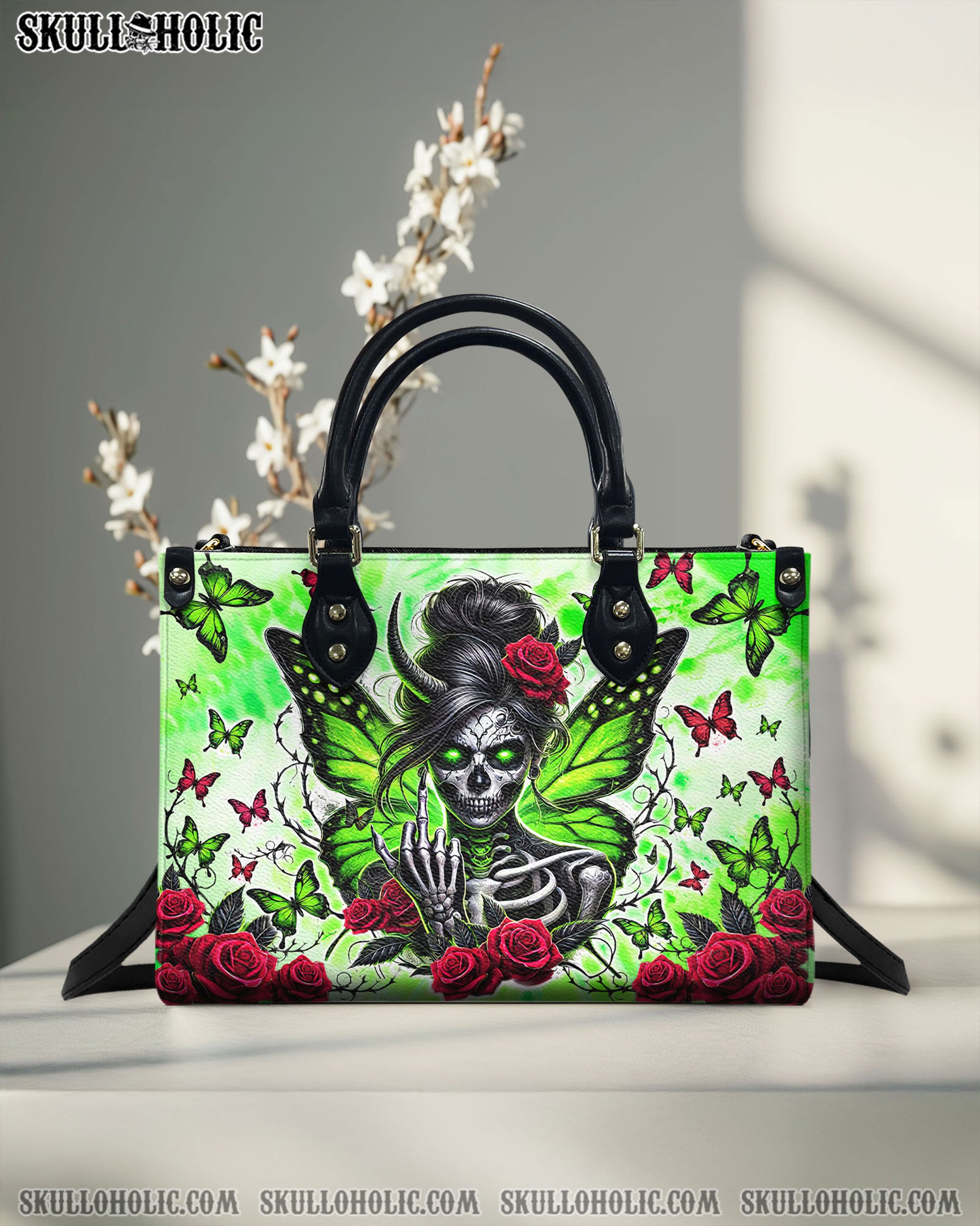 PERSONALIZED SKULL MESSY BUN WITH BUTTERFLY LEATHER HANDBAG  - TLTW0503251