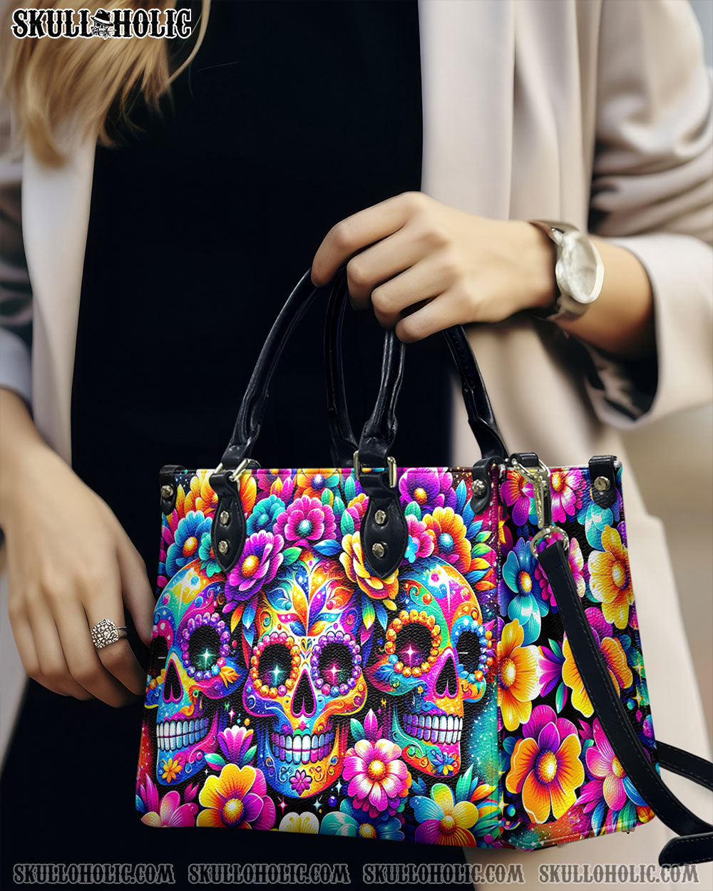 SEAMLESS RAINBOW SUGAR SKULL LEATHER HANDBAG - YHHG1106241