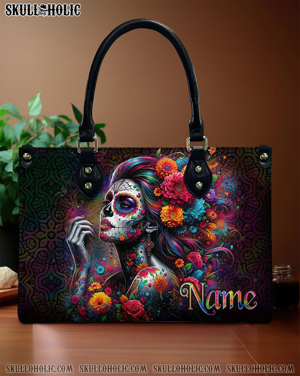 SUGAR SKULL FLOWER ART LEATHER HANDBAG - TLNO0211244