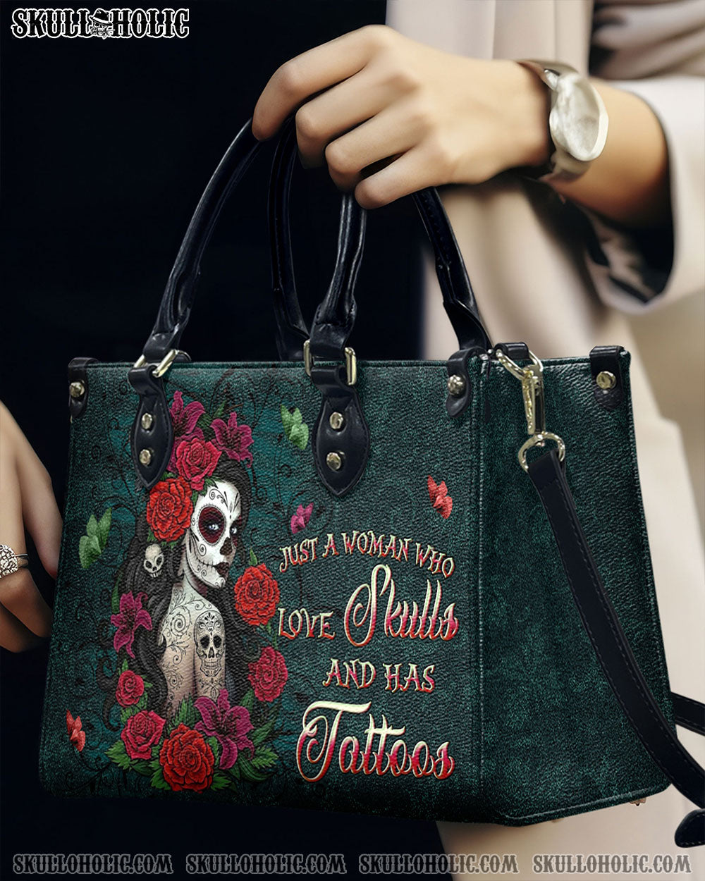 JUST A WOMAN WHO LOVES SKULL AND HAS TATTOOS LEATHER HANDBAG - YHLN0110245