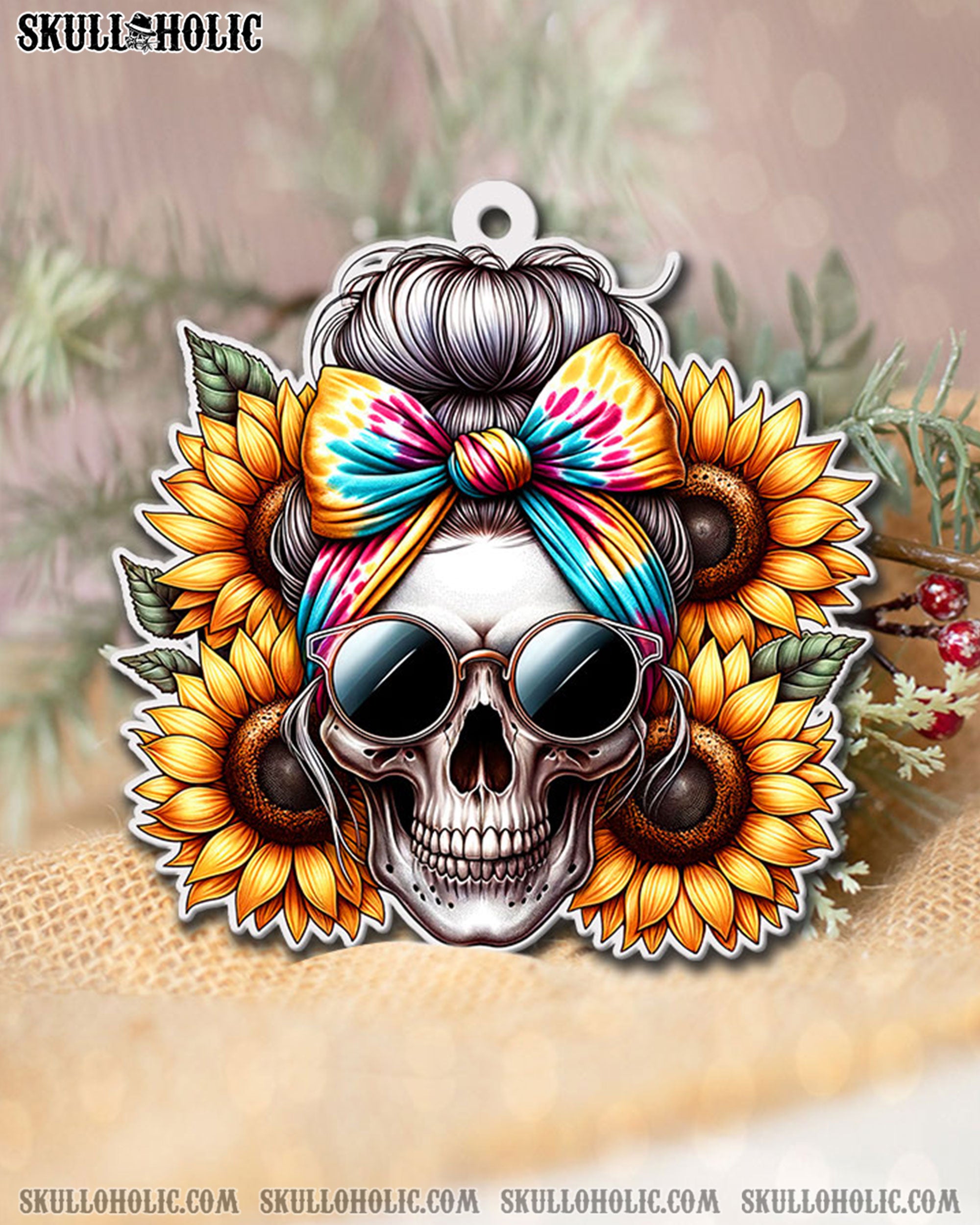 SUNFLOWER MESSY BUN SKULL ORNAMENT & KEYCHAIN  - TLTW2508251