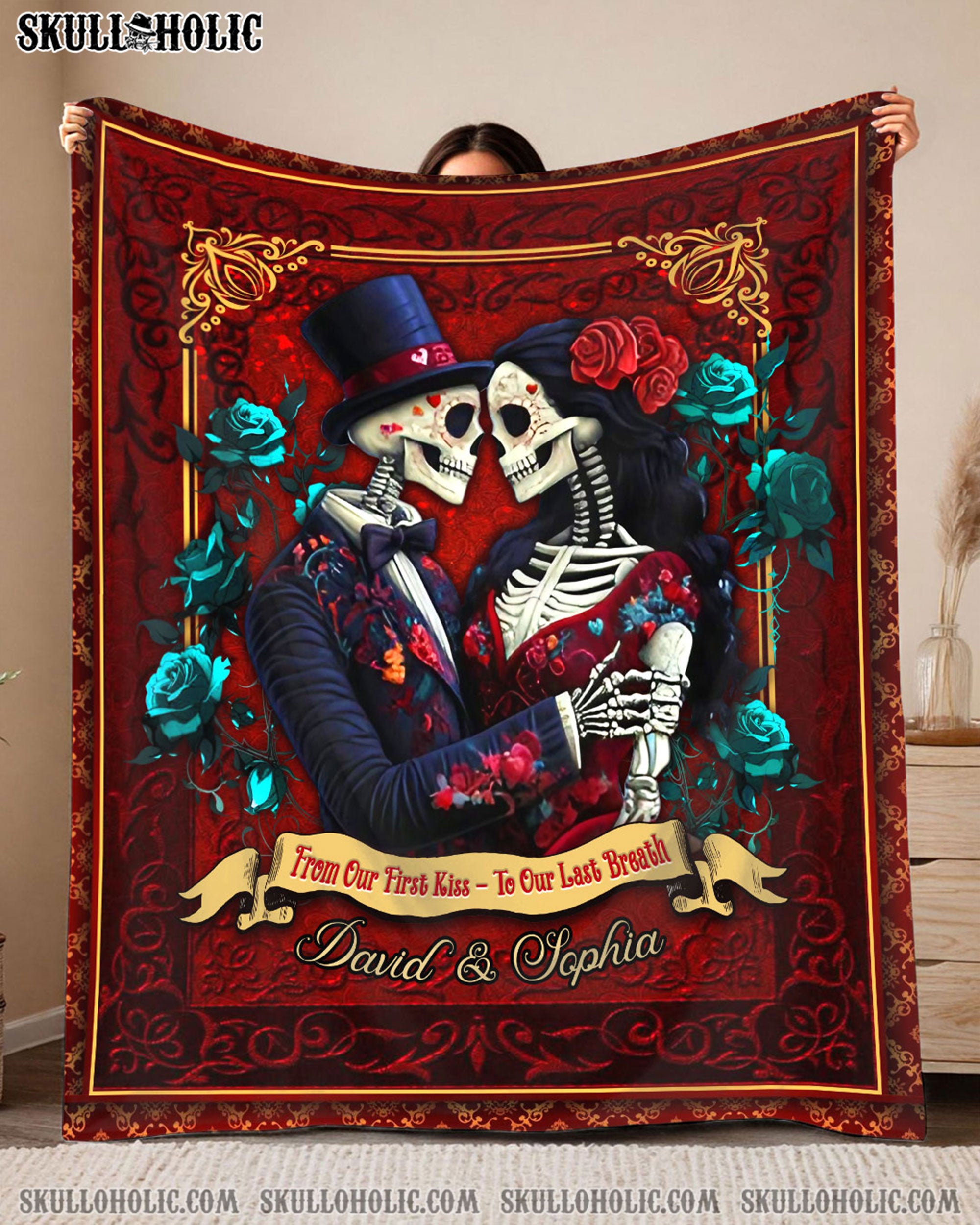 PERSONALIZED FROM OUR FIRST KISS SKULL COUPLE FLEECE BLANKET - YHDU1102254