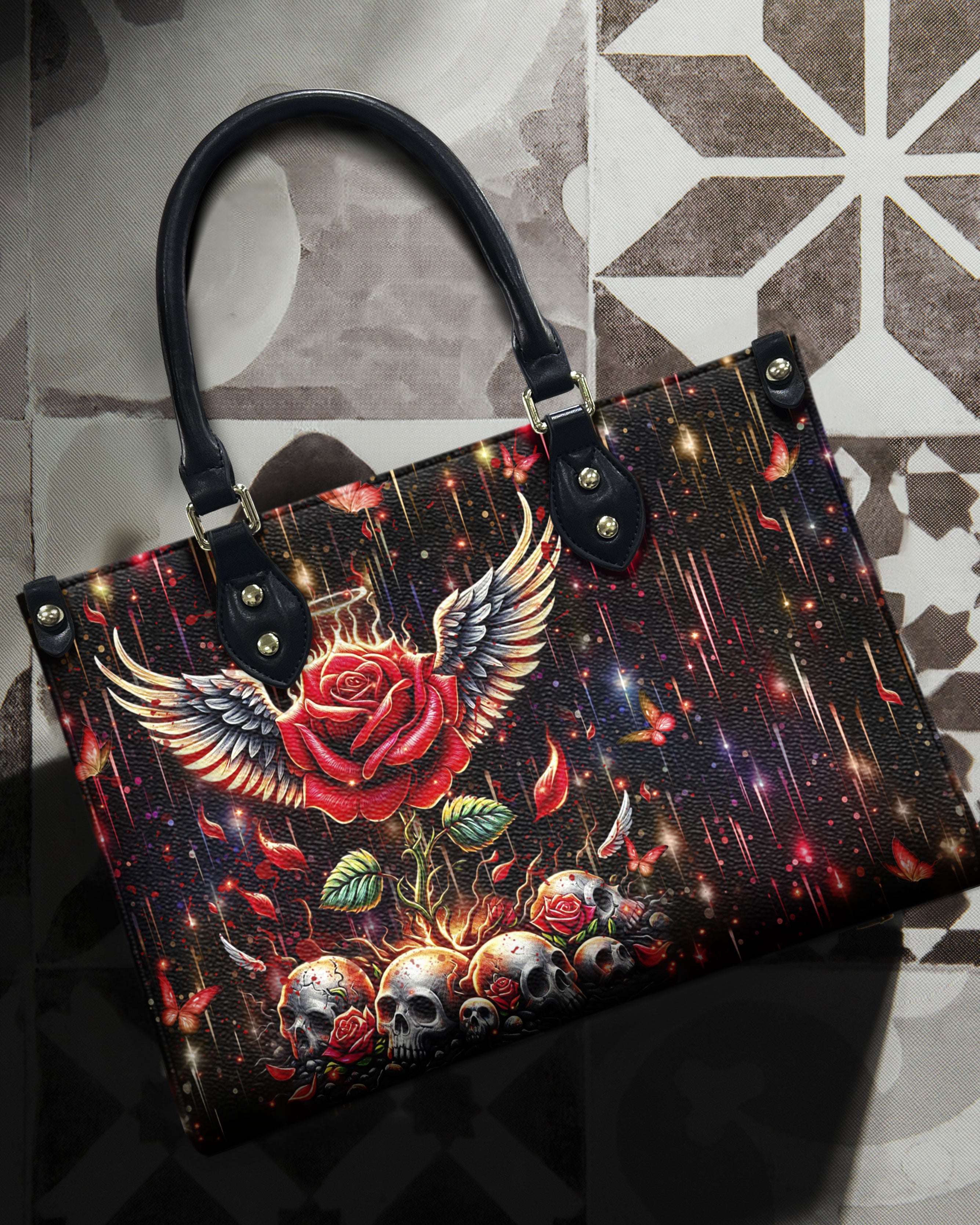 SKULL ROSE WINGS LEATHER HANDBAG - YHHN0611245