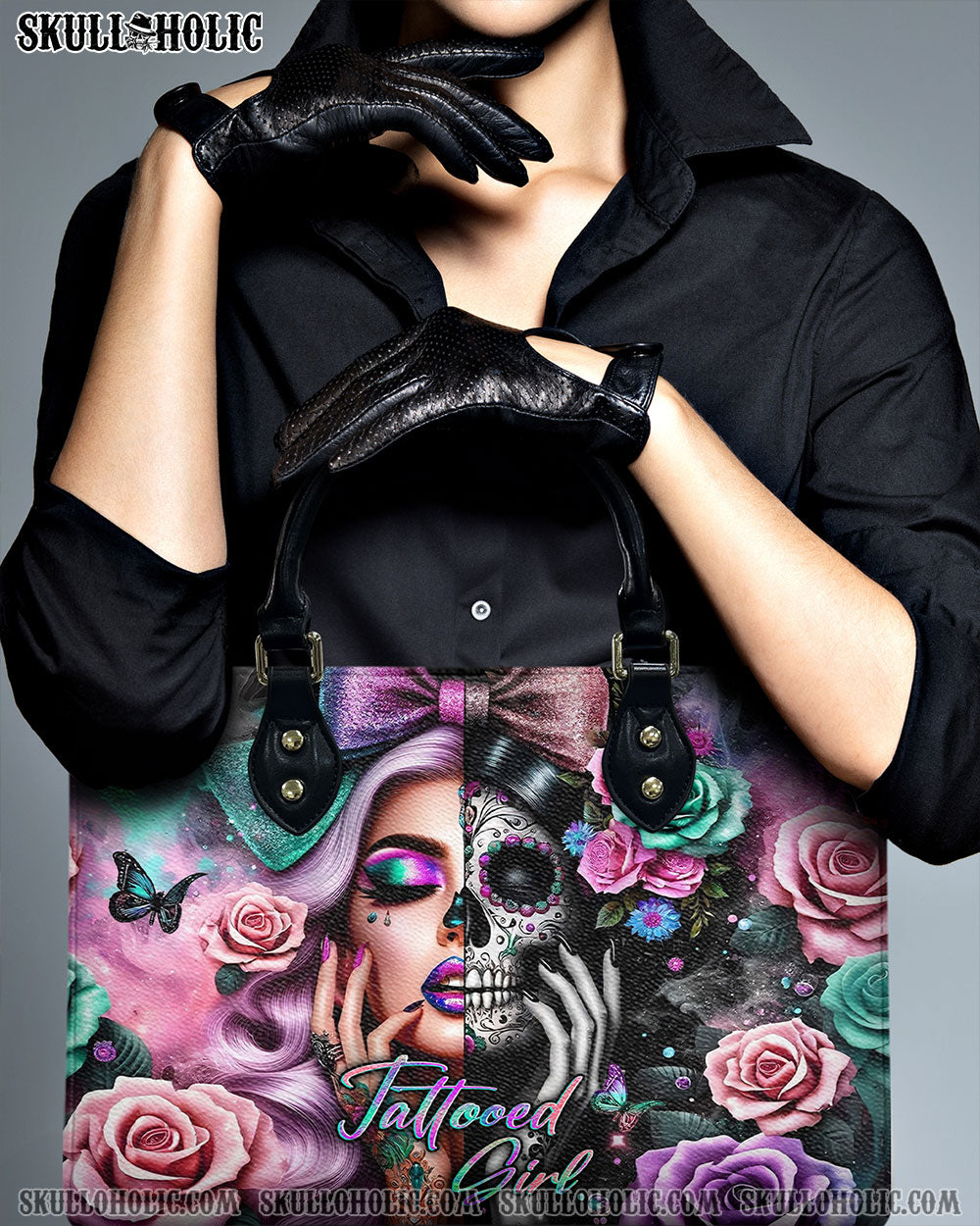 TATTOOED GIRL SKULL LADY LEATHER HANDBAG - YHKD3105241