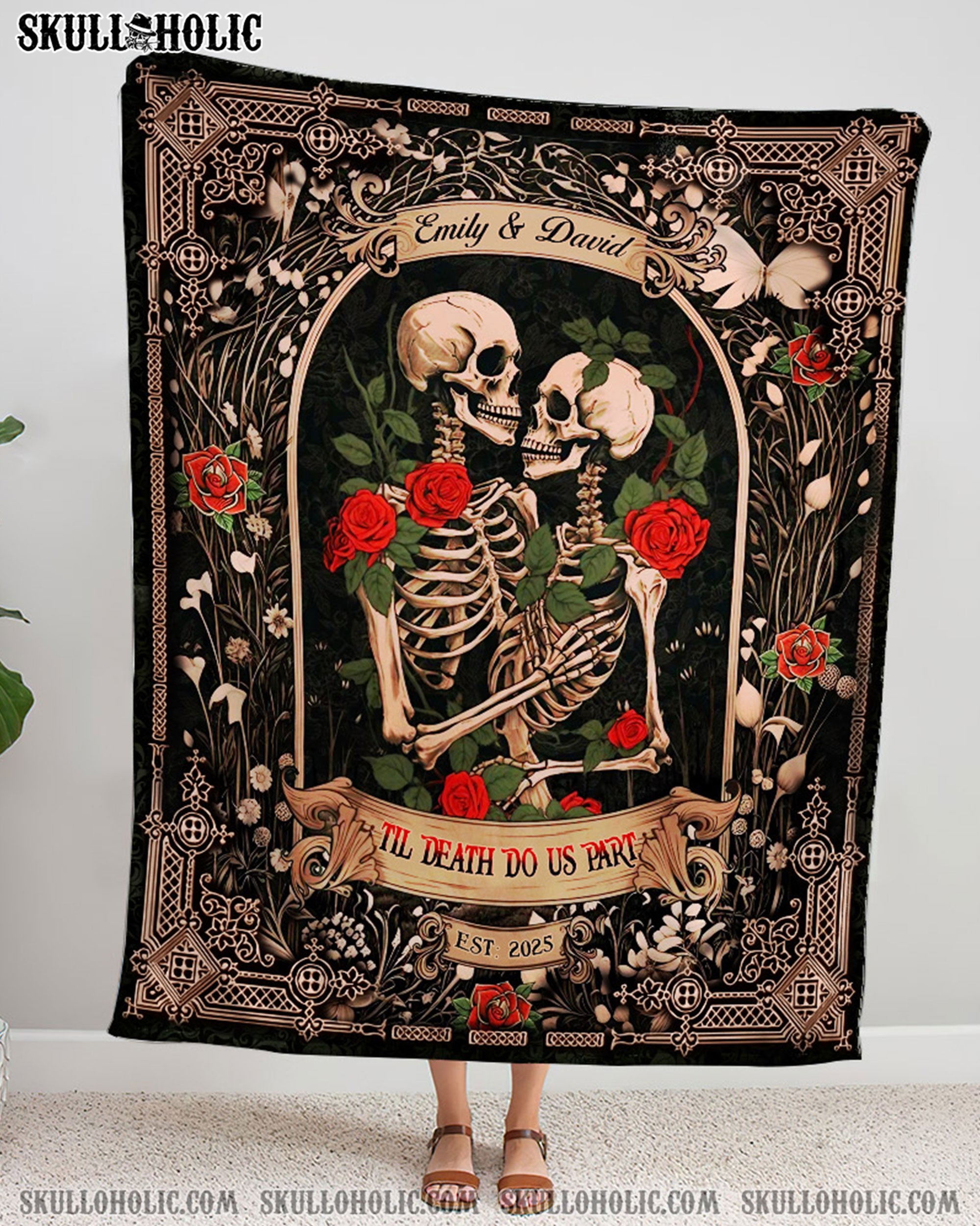 PERSONALIZED DARK ROMANTIC SKELETON COUPLE FLEECE BLANKET - YHHN0702254