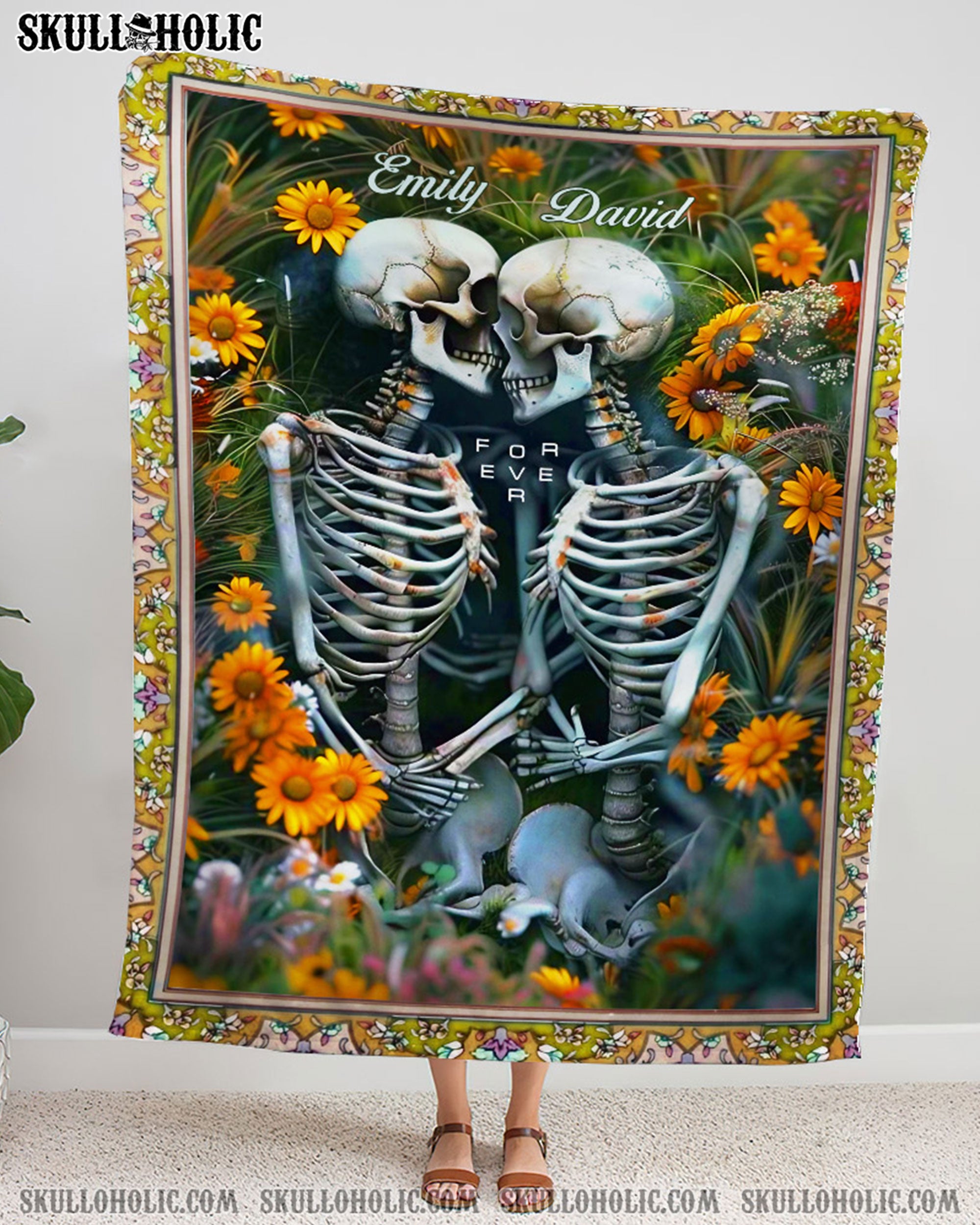 PERSONALIZED SKULL COUPLE FLOWERS FLEECE BLANKET - YHHN0402254