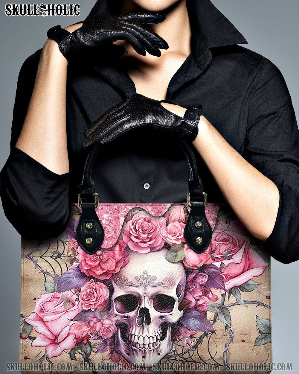 PINK ROSE SKULL LEATHER HANDBAG - YHHG1206244