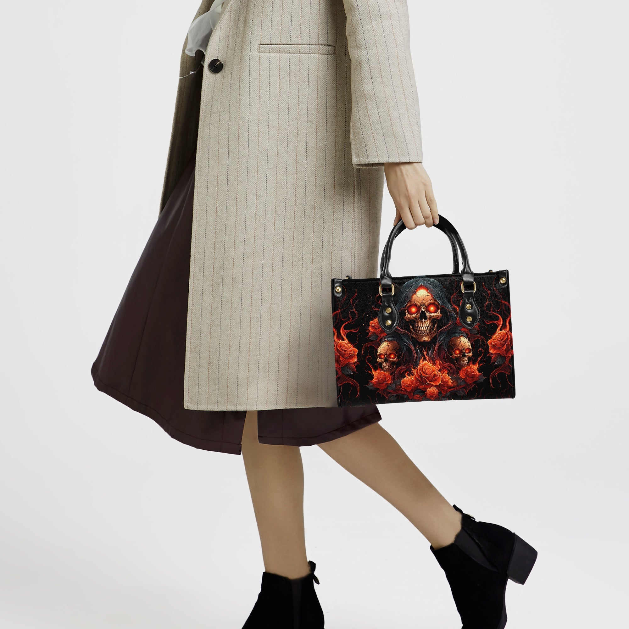 SKULL ROSES FIRE LEATHER HANDBAG - TYTD0204243