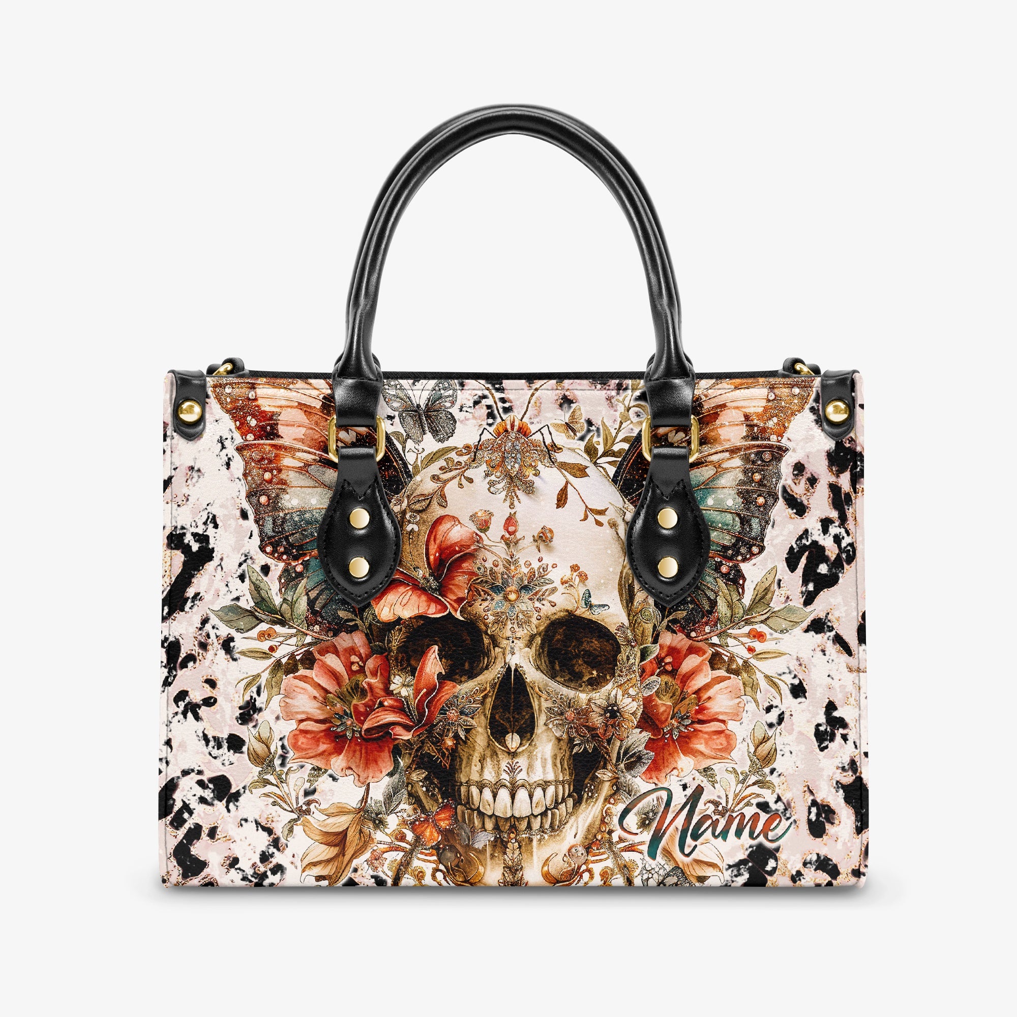 SKULL BUTTERFLY WINGS LEOPARD LEATHER HANDBAG - TY0304241