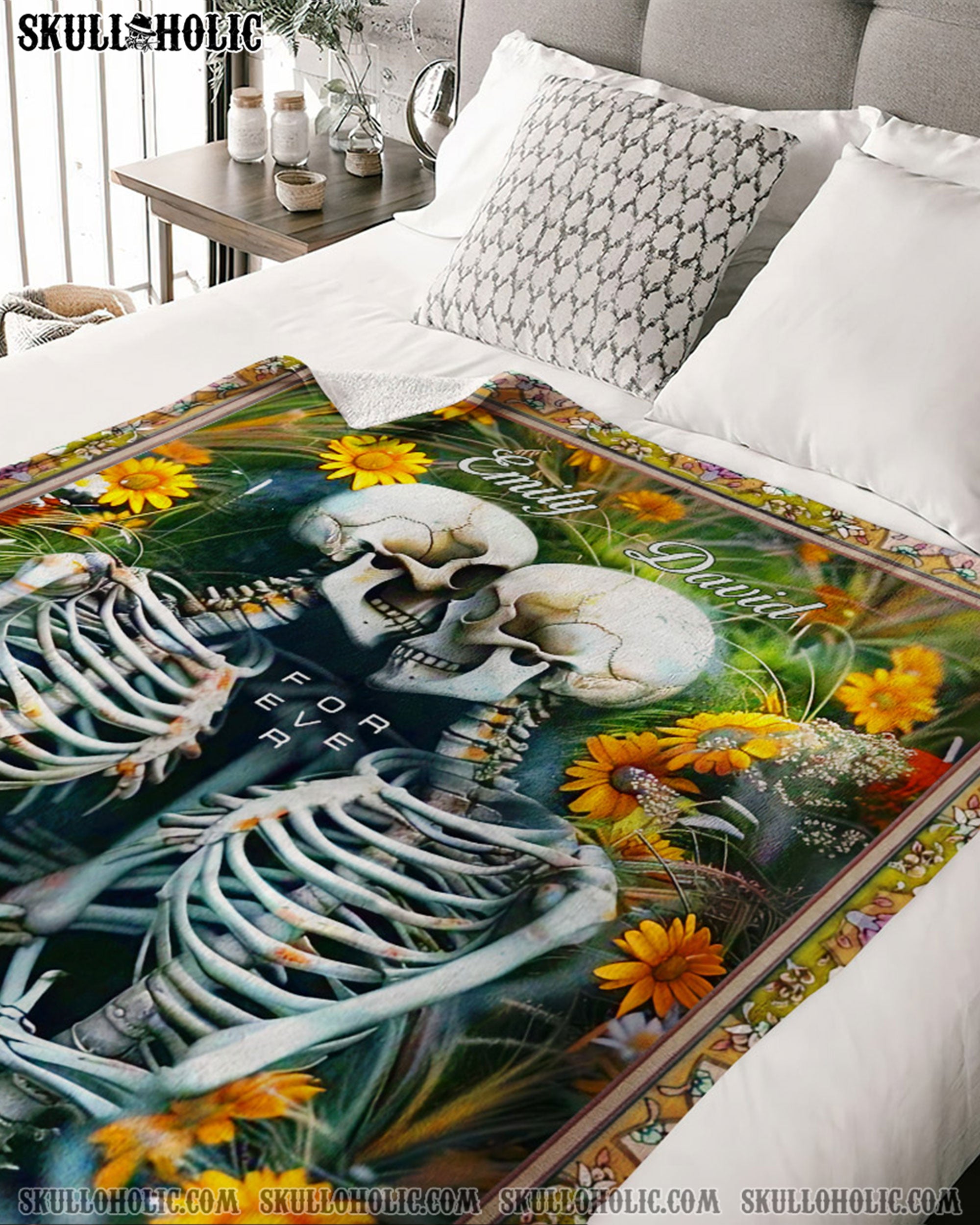 PERSONALIZED SKULL COUPLE FLOWERS FLEECE BLANKET - YHHN0402254