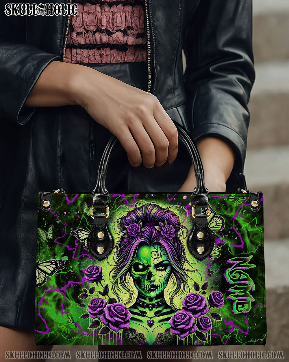 SKULL LADY PURPLE ROSE LEATHER HANDBAG - YHLT2512244