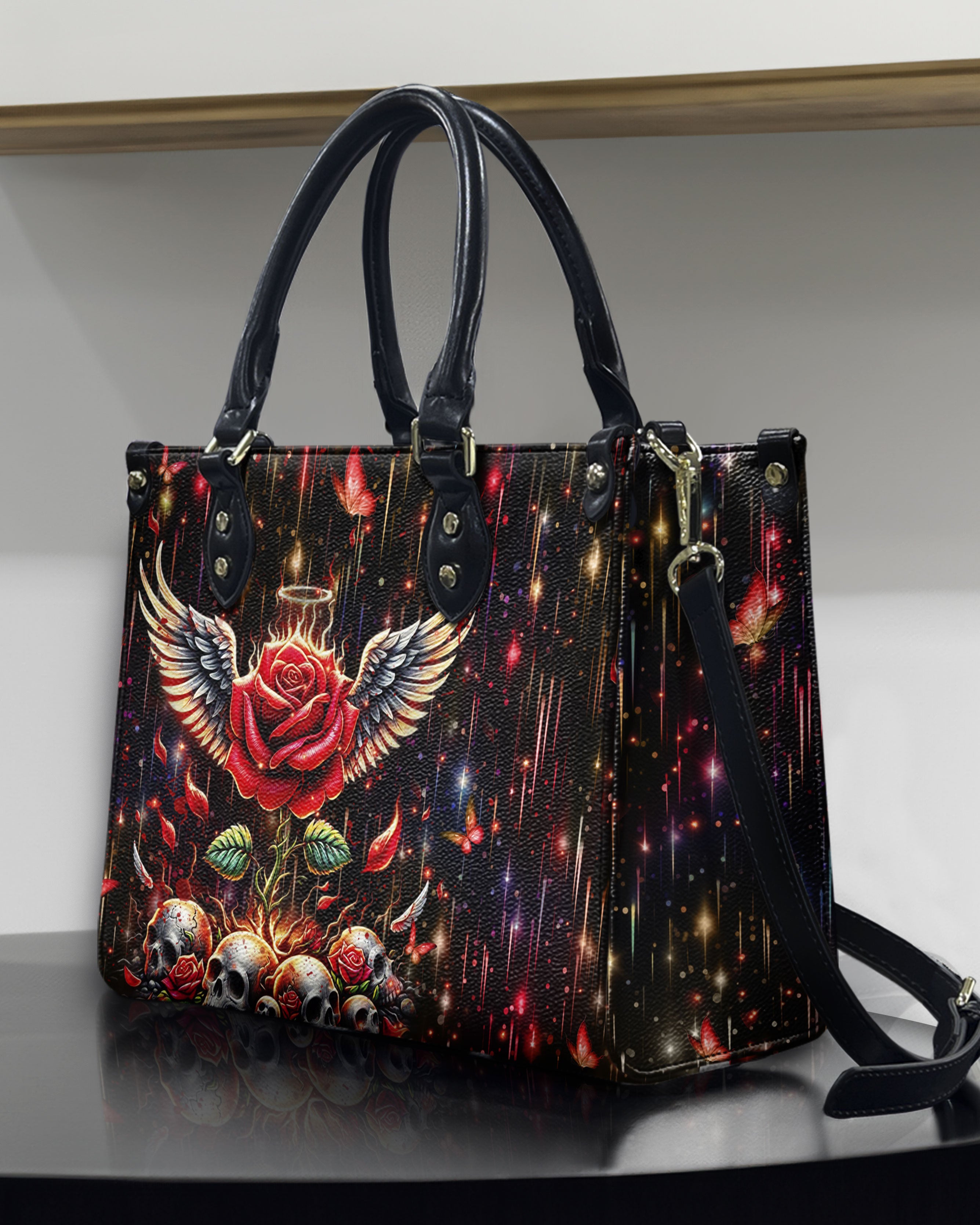 SKULL ROSE WINGS LEATHER HANDBAG - YHHN0611245