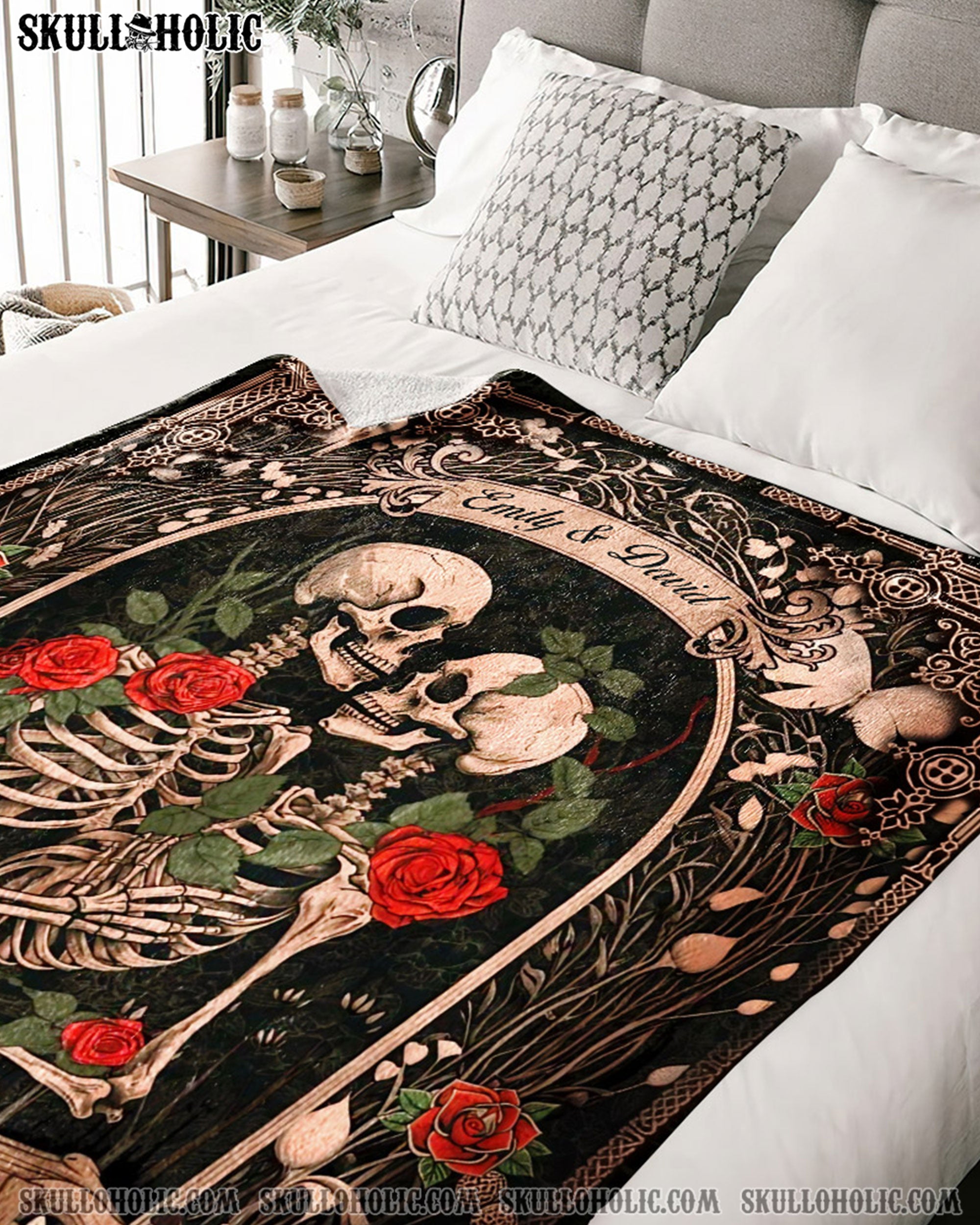 PERSONALIZED DARK ROMANTIC SKELETON COUPLE FLEECE BLANKET - YHHN0702254