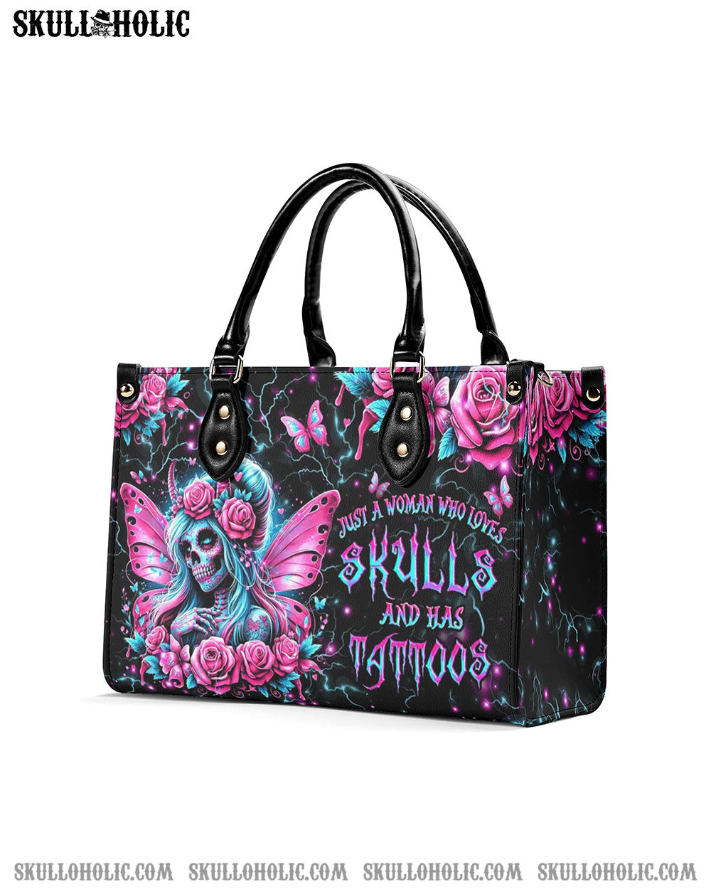 JUST A WOMAN WHO LOVES SKULLS AND HAS TATTOOS LEATHER HANDBAG - YHDU1607242