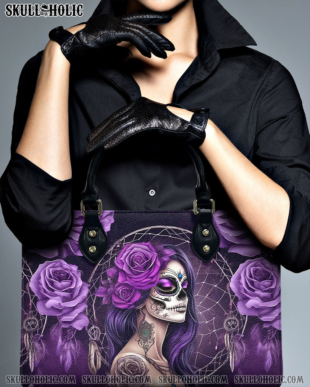 SUGAR SKULL LADY PURPLE ROSE LEATHER HANDBAG - YHHG0512245