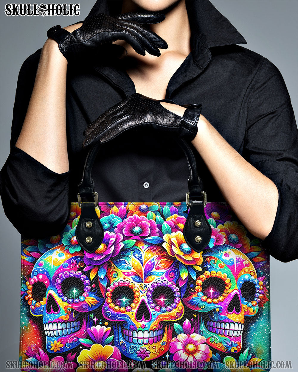 SEAMLESS RAINBOW SUGAR SKULL LEATHER HANDBAG - YHHG1106241