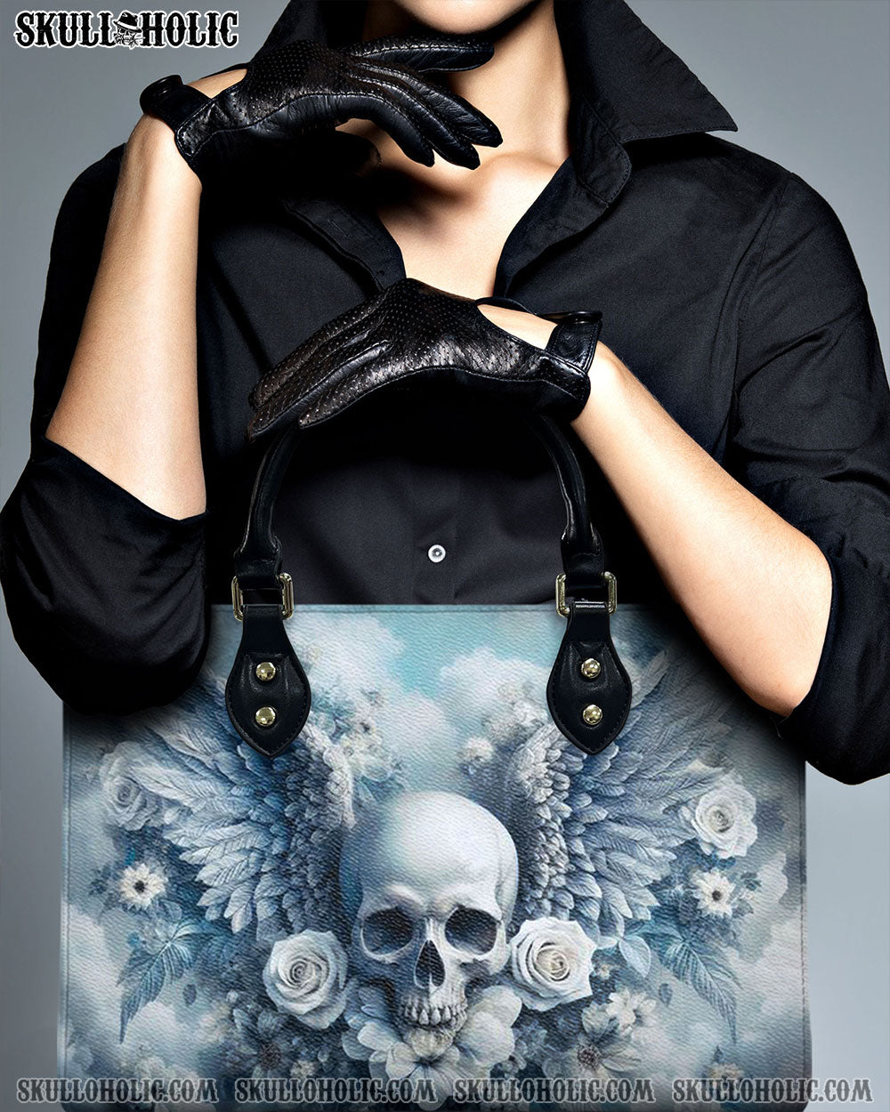 SKULL WITH WINGS AND ROSES LEATHER HANDBAG - YHHN2309244