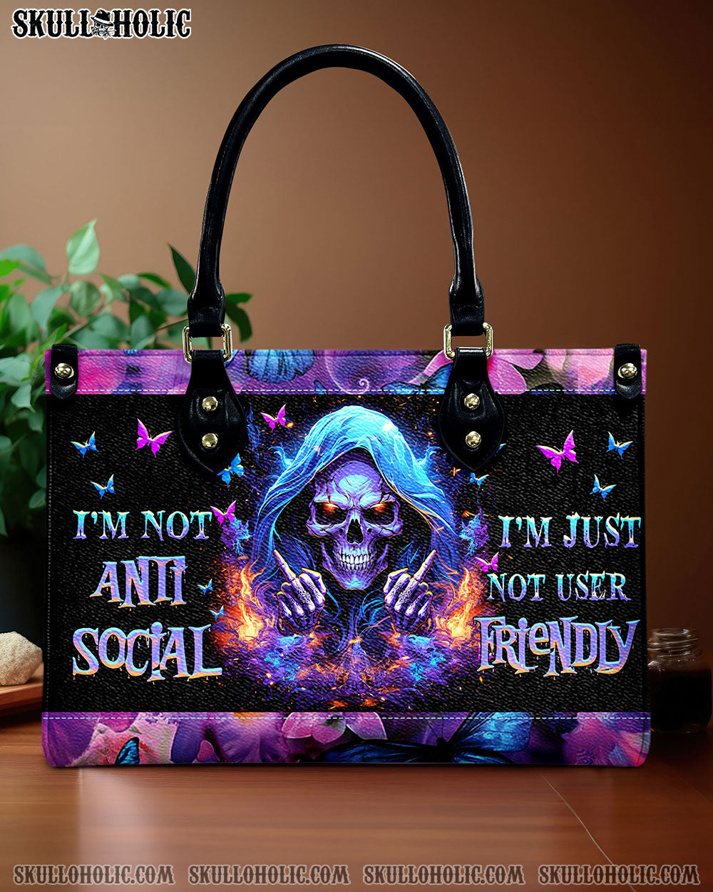 I'M NOT ANTI-SOCIAL MAD REAPER SKULL LEATHER HANDBAG - TLNZ0406244