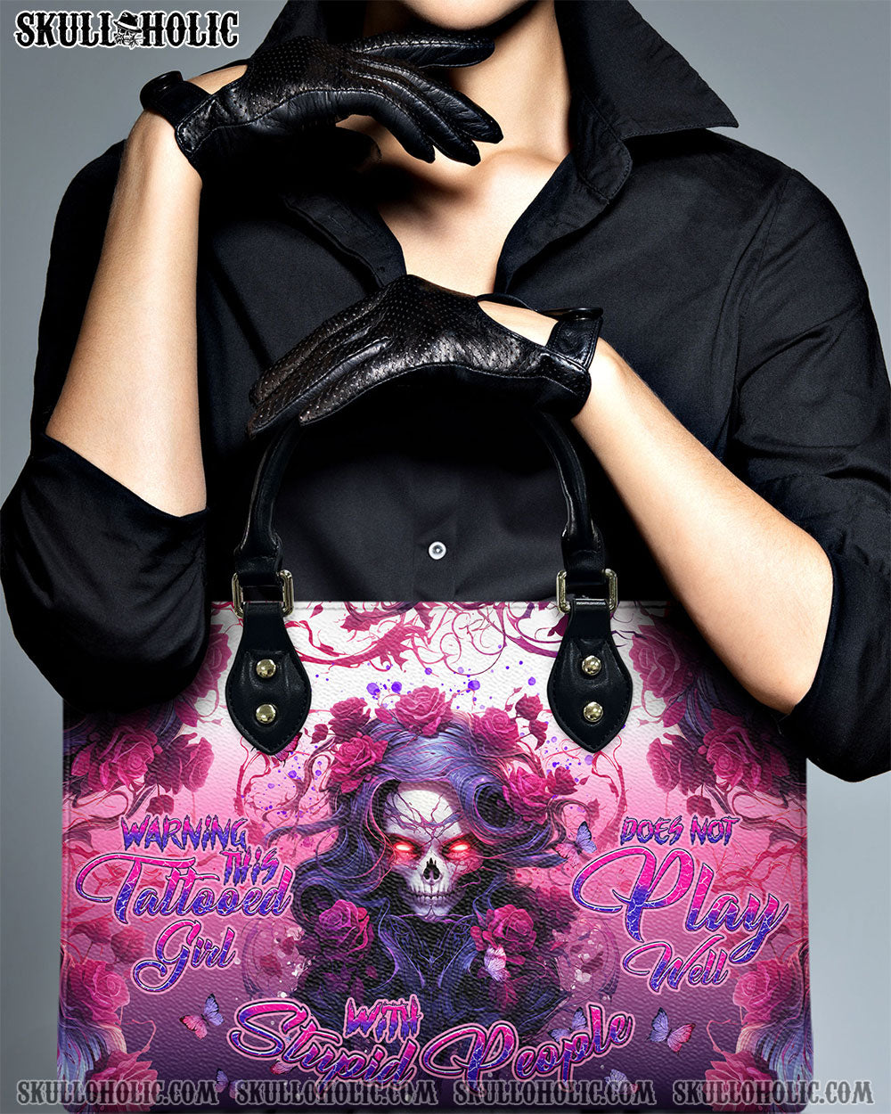 WARNING THIS TATTOOED GIRL ROSE SKULL LEATHER HANDBAG - TLNT0606245