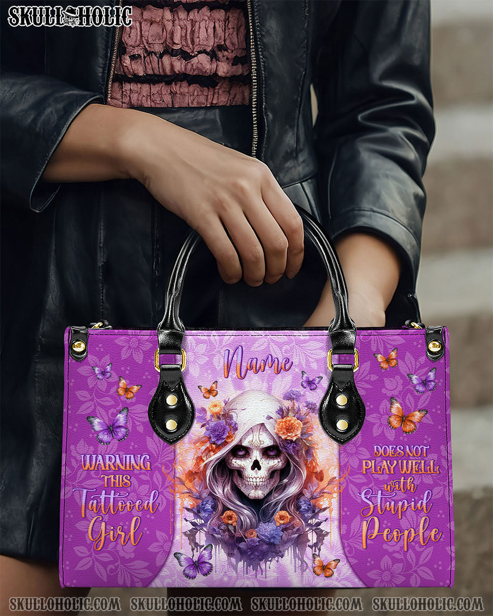 WARNING THIS TATTOOED GIRL SKULL LADY LEATHER HANDBAG - TLNO2903244