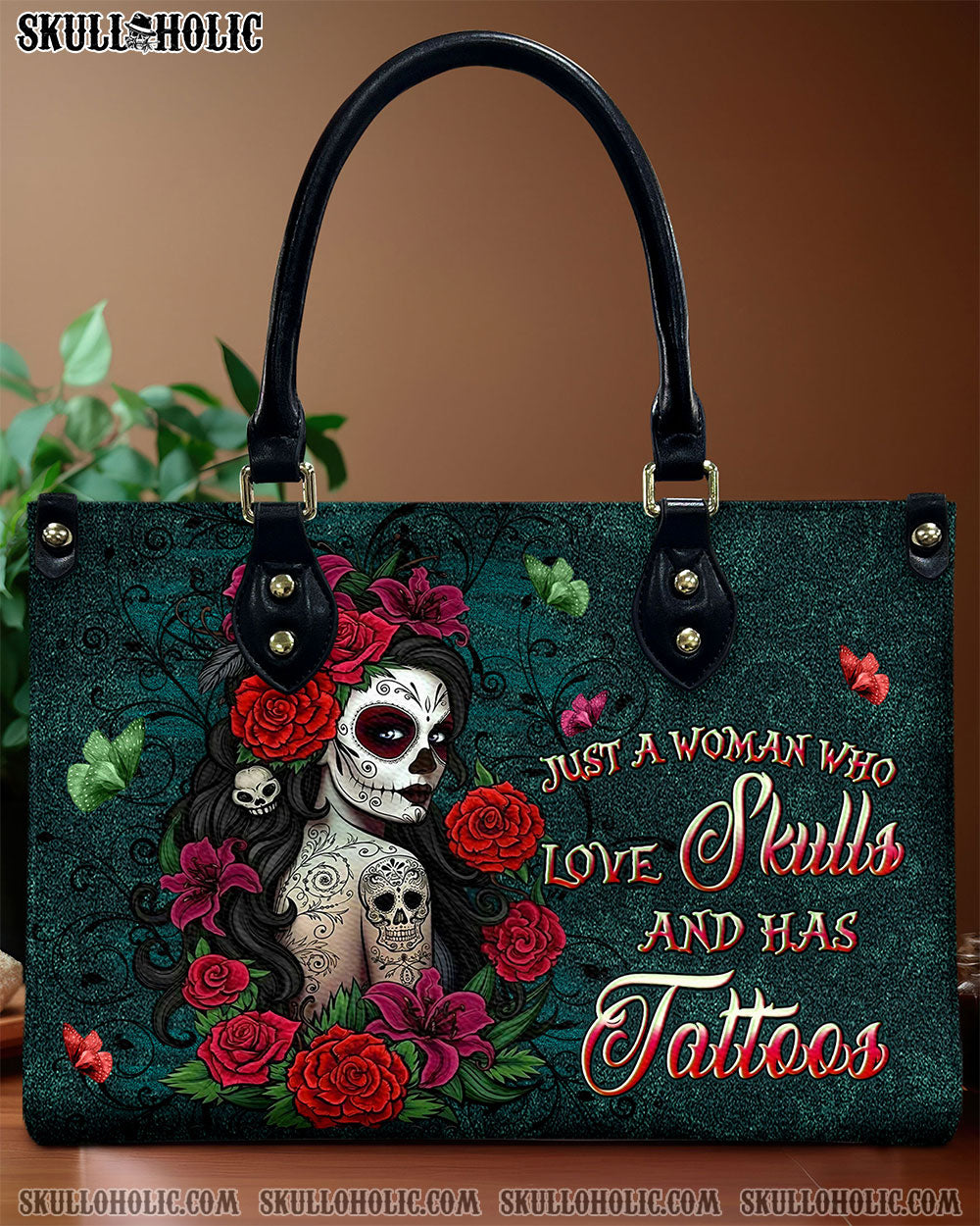 JUST A WOMAN WHO LOVES SKULL AND HAS TATTOOS LEATHER HANDBAG - YHLN0110245