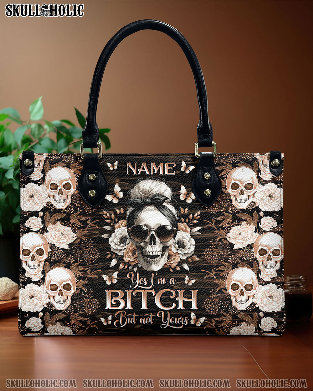 YES I'M A B BUT NOT YOURS MESSY BUN SKULL LEATHER HANDBAG - TLNO3005242