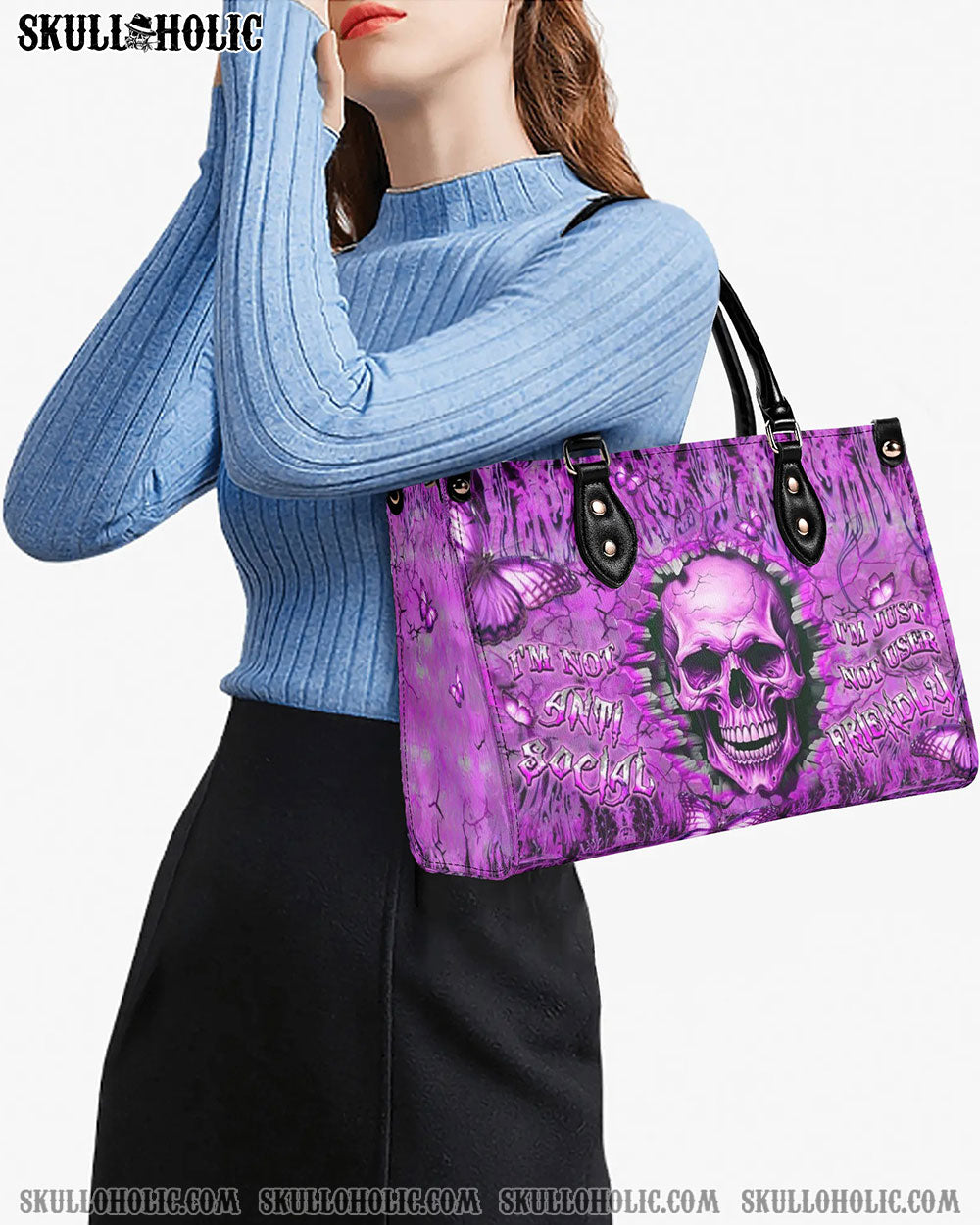 I'M NOT ANTI-SOCIAL MAD REAPER SKULL LEATHER HANDBAG - YHLT2905241