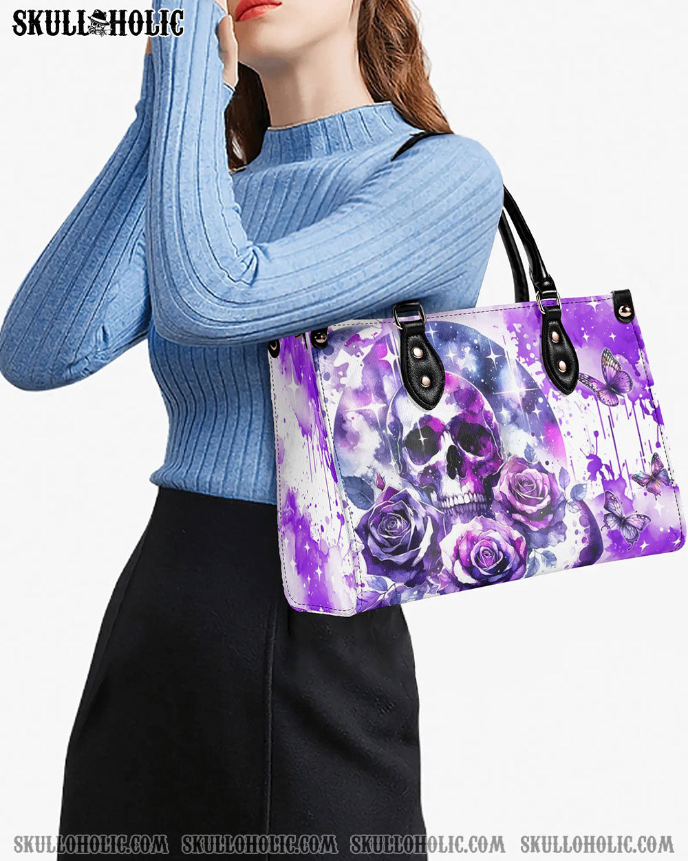 PURPLE SKULL ROSE LEATHER HANDBAG - YHDU2905242