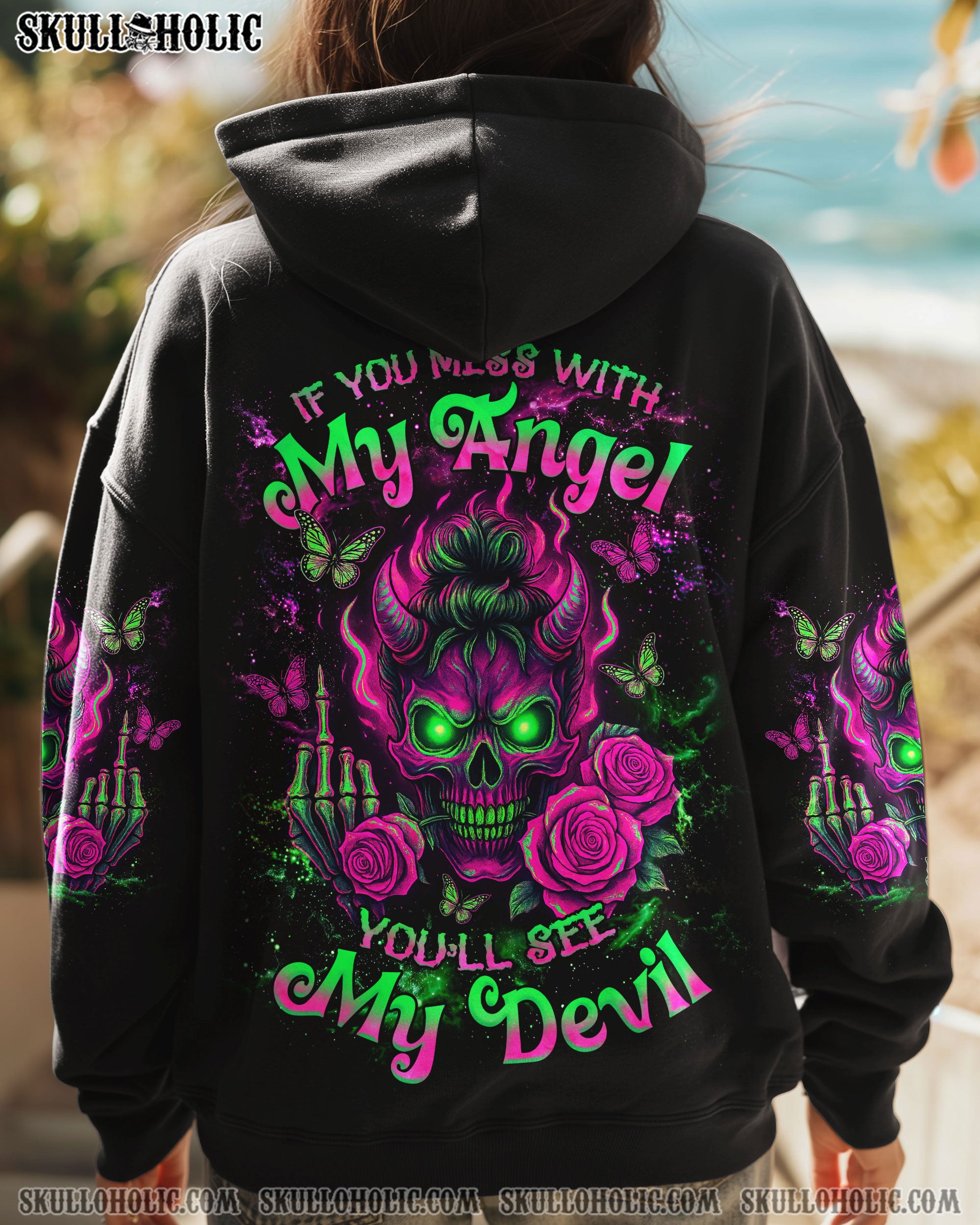 IF YOU MESS WITH MY ANGEL MESSY BUN SKULL ALL OVER PRINT - TLNZ2207251