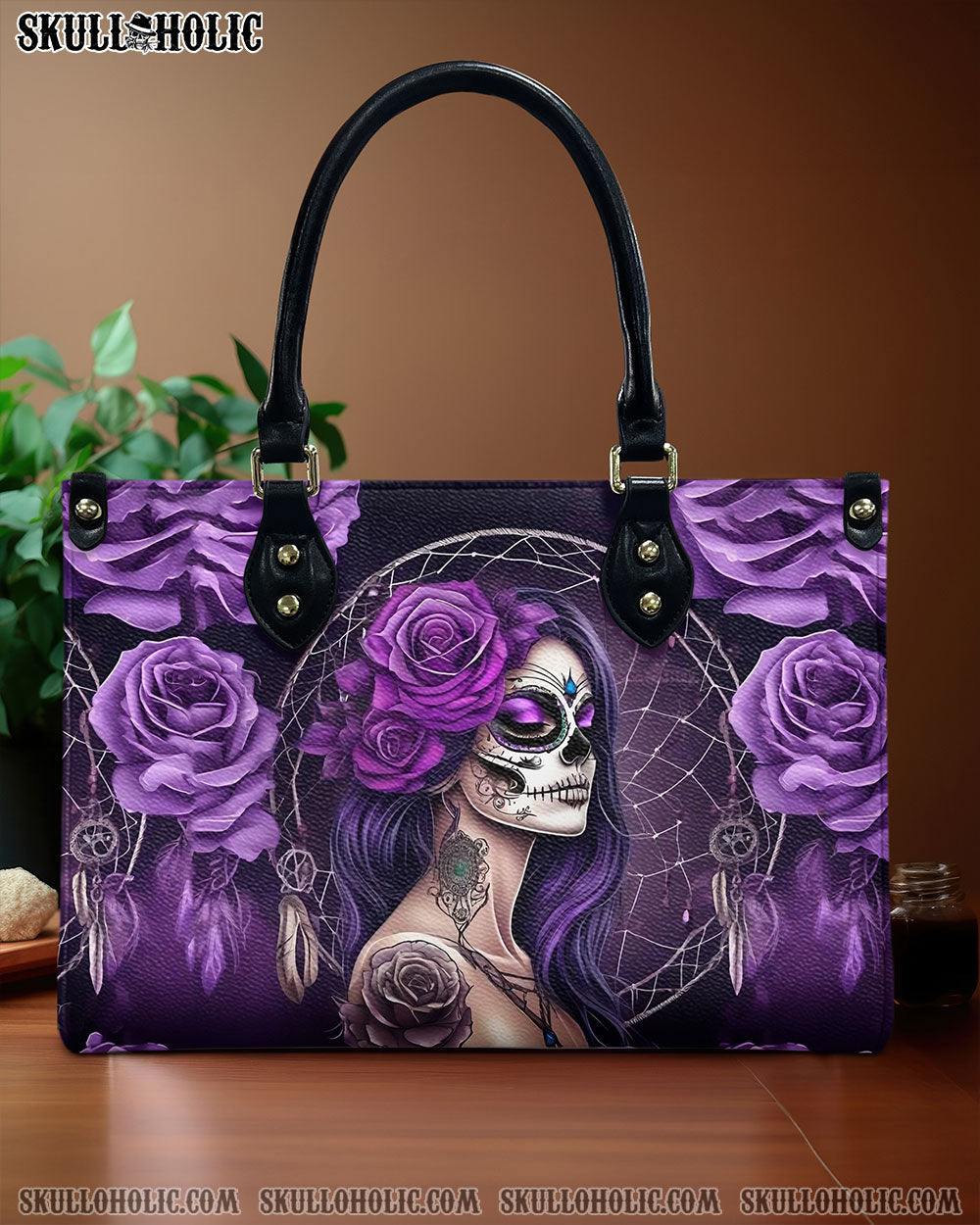 SUGAR SKULL LADY PURPLE ROSE LEATHER HANDBAG - YHHG0512245